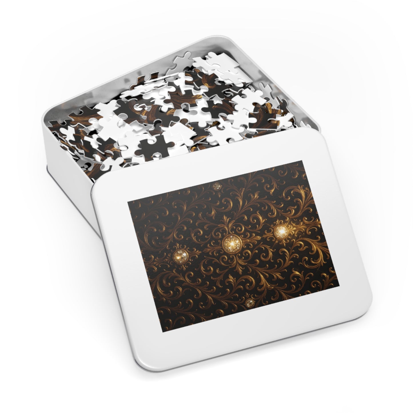 Baroque Gold Jigsaw Puzzle Elegant Gothic Puzzle for Adults, Black Ornate Scroll Pattern, Luxury Brain Game, Dark Aesthetic Gift Idea