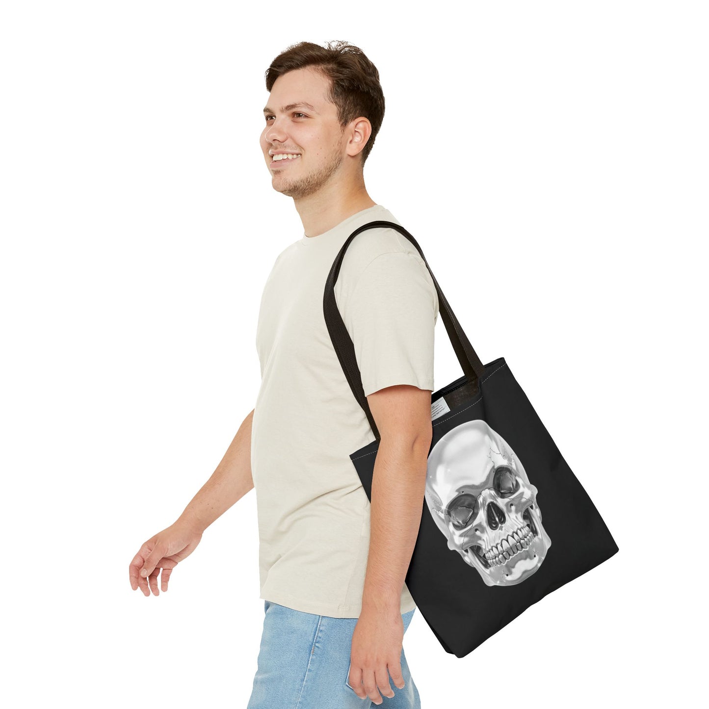 Chrome Skull Tote Bag, Gothic Halloween Canvas Tote, Metallic Skull Design Bag, Spooky Season Accessory, Skull Gift Tote For Horror Fans