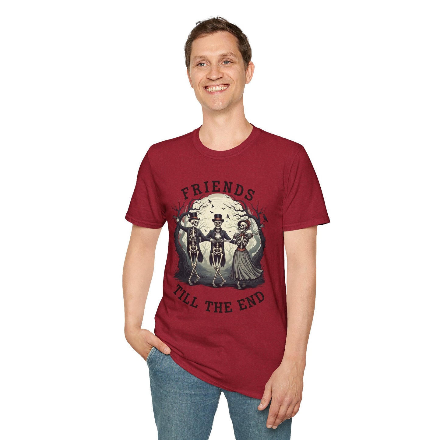 Friends Till The End Skeleton Tee | Dancing Skeleton Friends Shirt | Halloween Gothic BFF Gift | Unisex Heather Grey Graphic T-Shirt