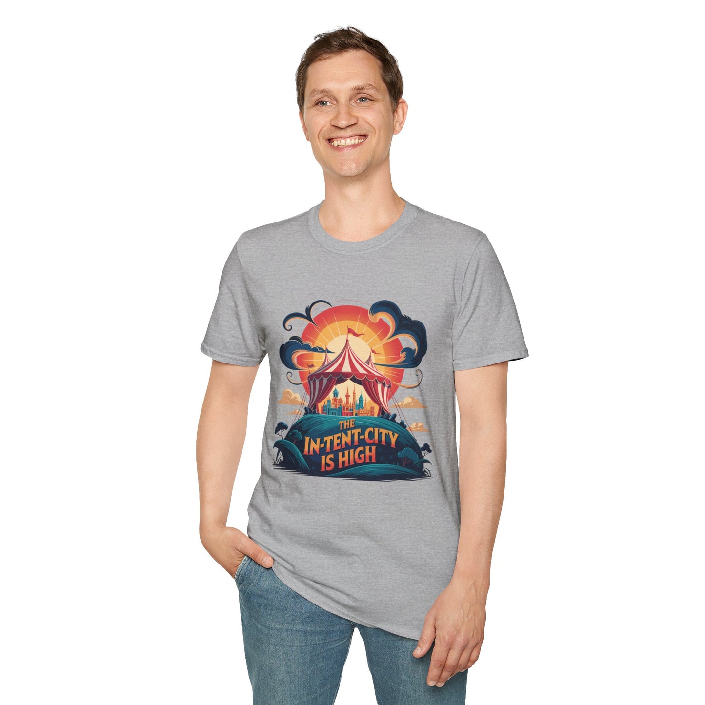 In-Tent-City Is High Retro Camp T-Shirt | Vintage Circus Tent + Cityscape Graphic | Funny Outdoors Urban Adventure Tee | Unisex Camper Shirt