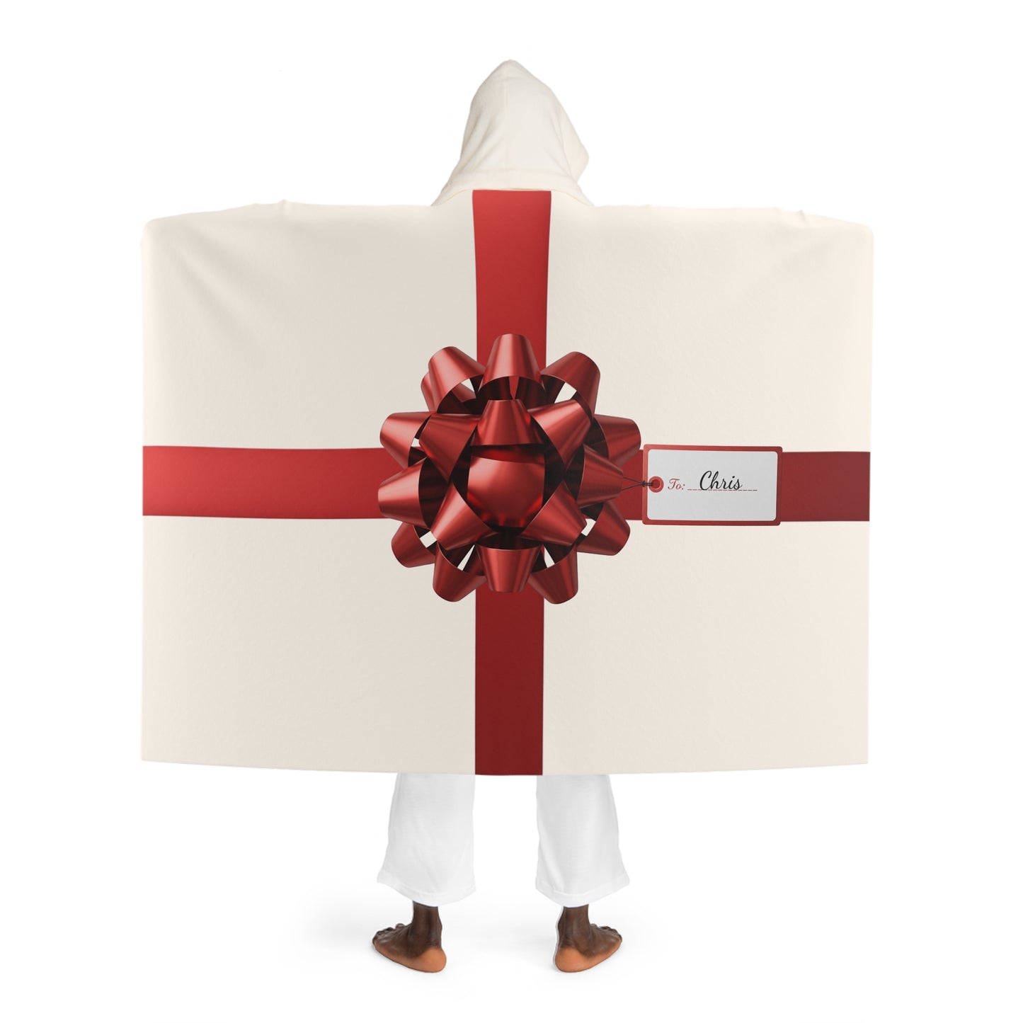 Custom Name Hooded Blanket | Beige Gift Wrap Sherpa Fleece Throw | Personalized Cozy Christmas Gift | Holiday Red Bow Blanket for Him Her
