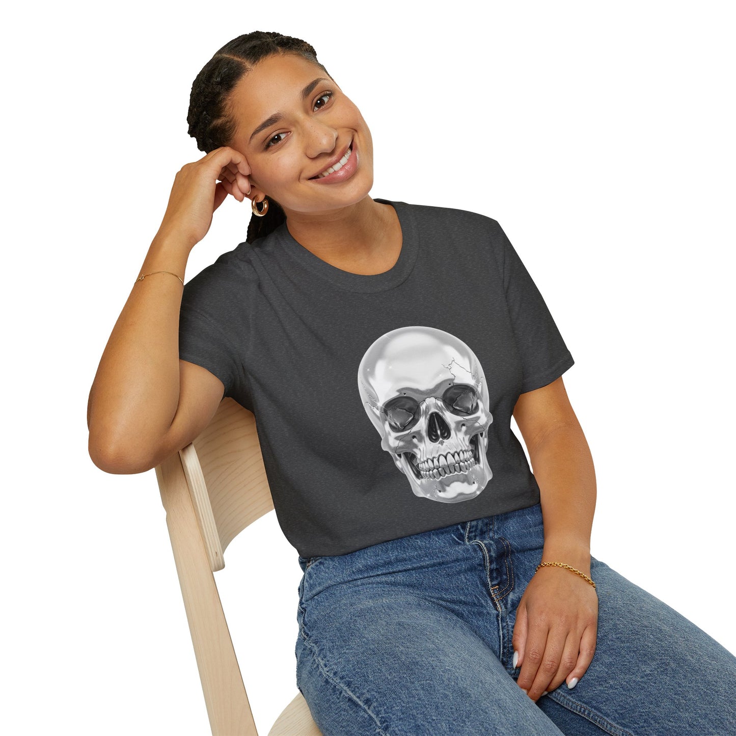 Chrome Skull Graphic Tee - Edgy Metallic Skull Shirt - Retro Rock Vibe, Dark Aesthetic, Unisex Cool Gift - Trendy Fashion Statement Top