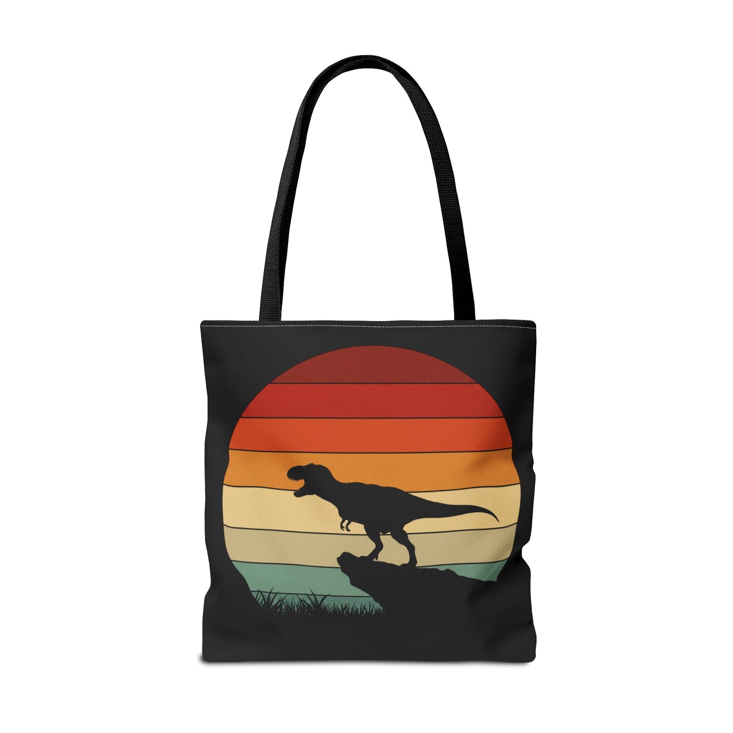 Retro Dinosaur Sunset Tote Bag | AOP Canvas Shopper - Eco Beach Bag for Dino Lovers and Kids, All-Over Print Summer Travel Gift