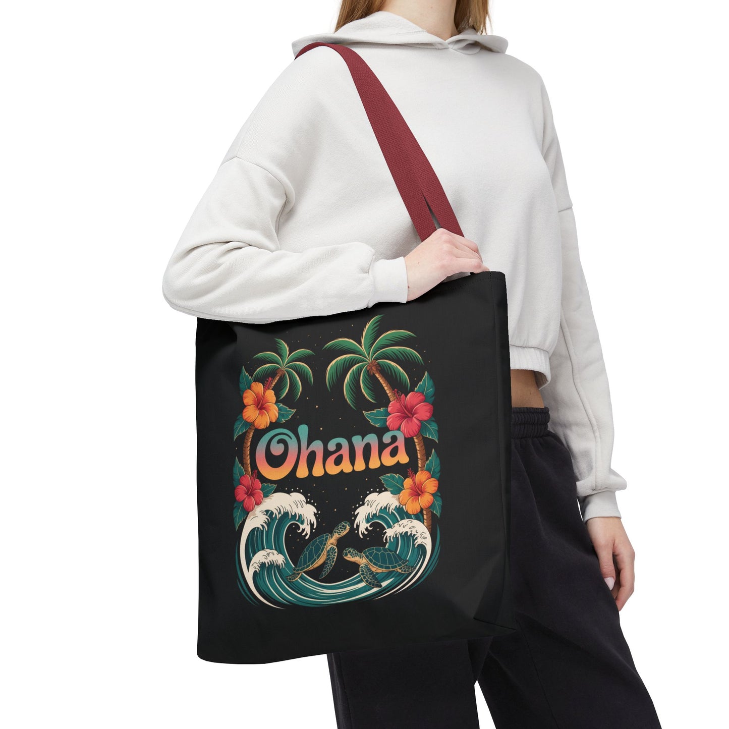 Ohana Tote Bag – Hawaiian Beach Tote with Sea Turtles & Palm Trees – Floral Tropical Reusable Bag, Summer Gift, Aesthetic Travel Purse