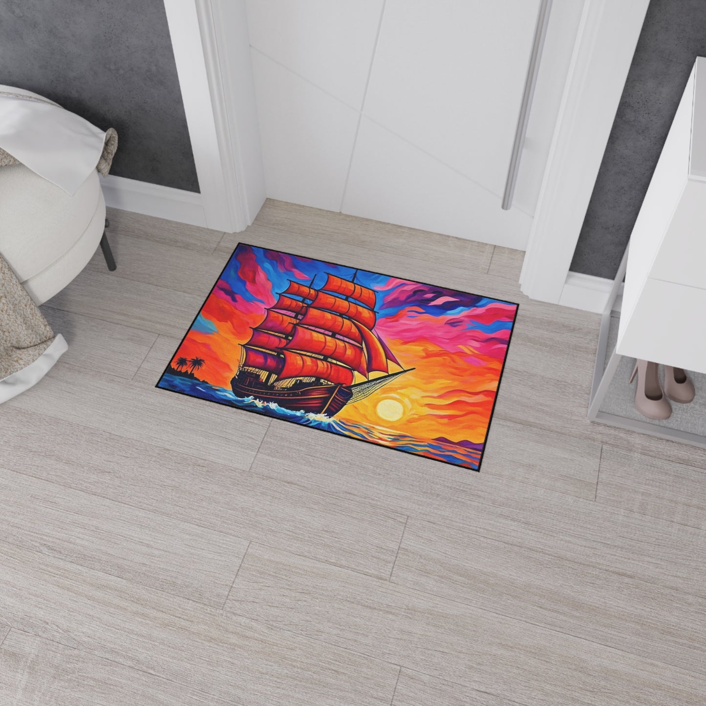 Floor Mat - Ship on Ocean at Sunset Painting