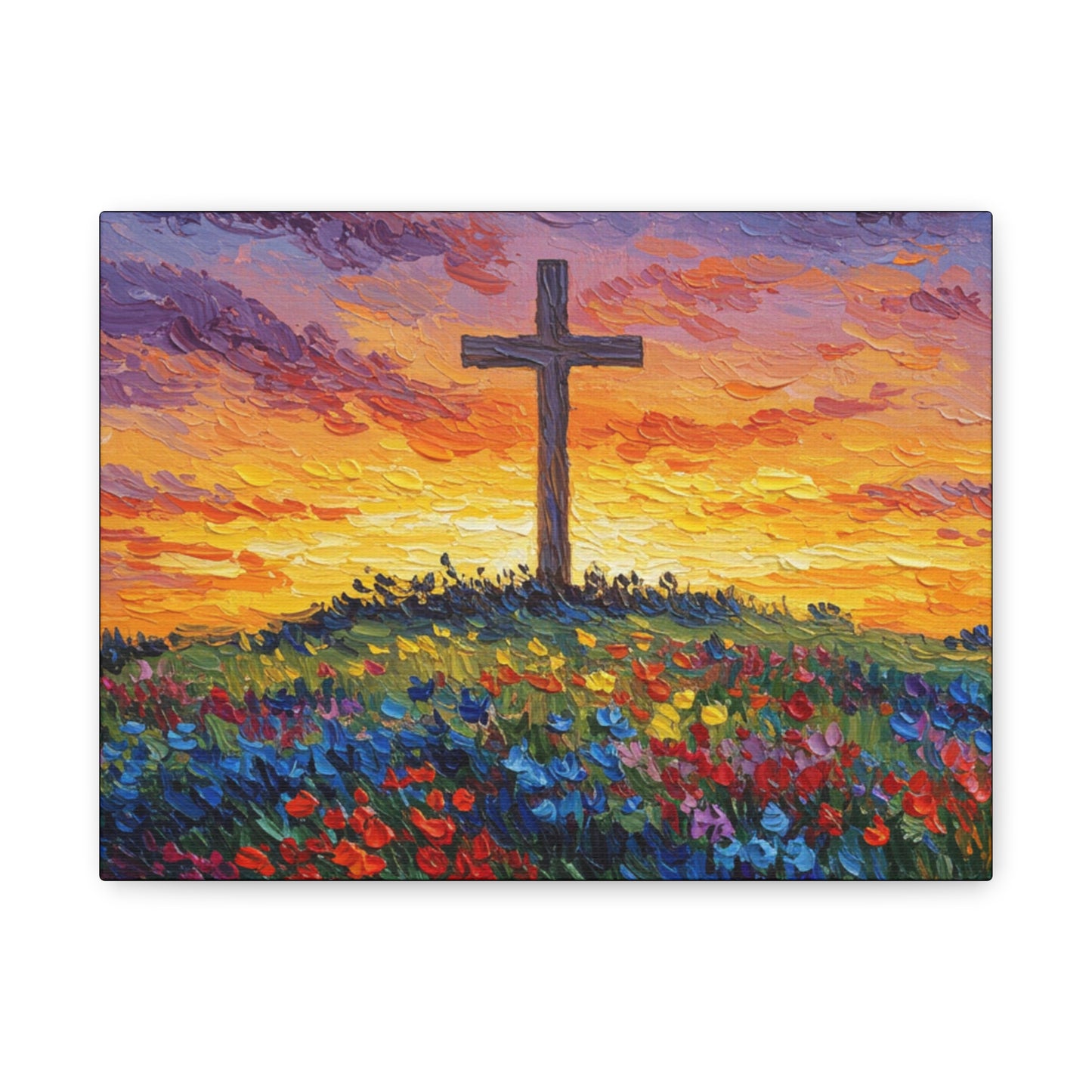 Van Gogh Inspired Inspirational Stretched Canvas Art - Sunset Cross Landscape
