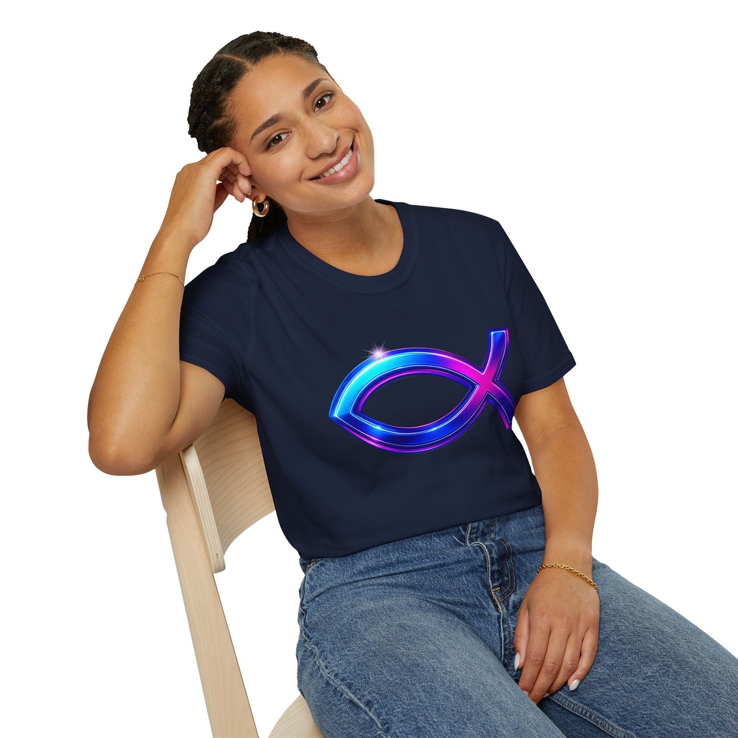 Neon Christian Fish T-Shirt, Modern Faith Tee, Ichthys Jesus Shirt, Spiritual Gift For Men And Women, Glow Cross Symbol Graphic Tee
