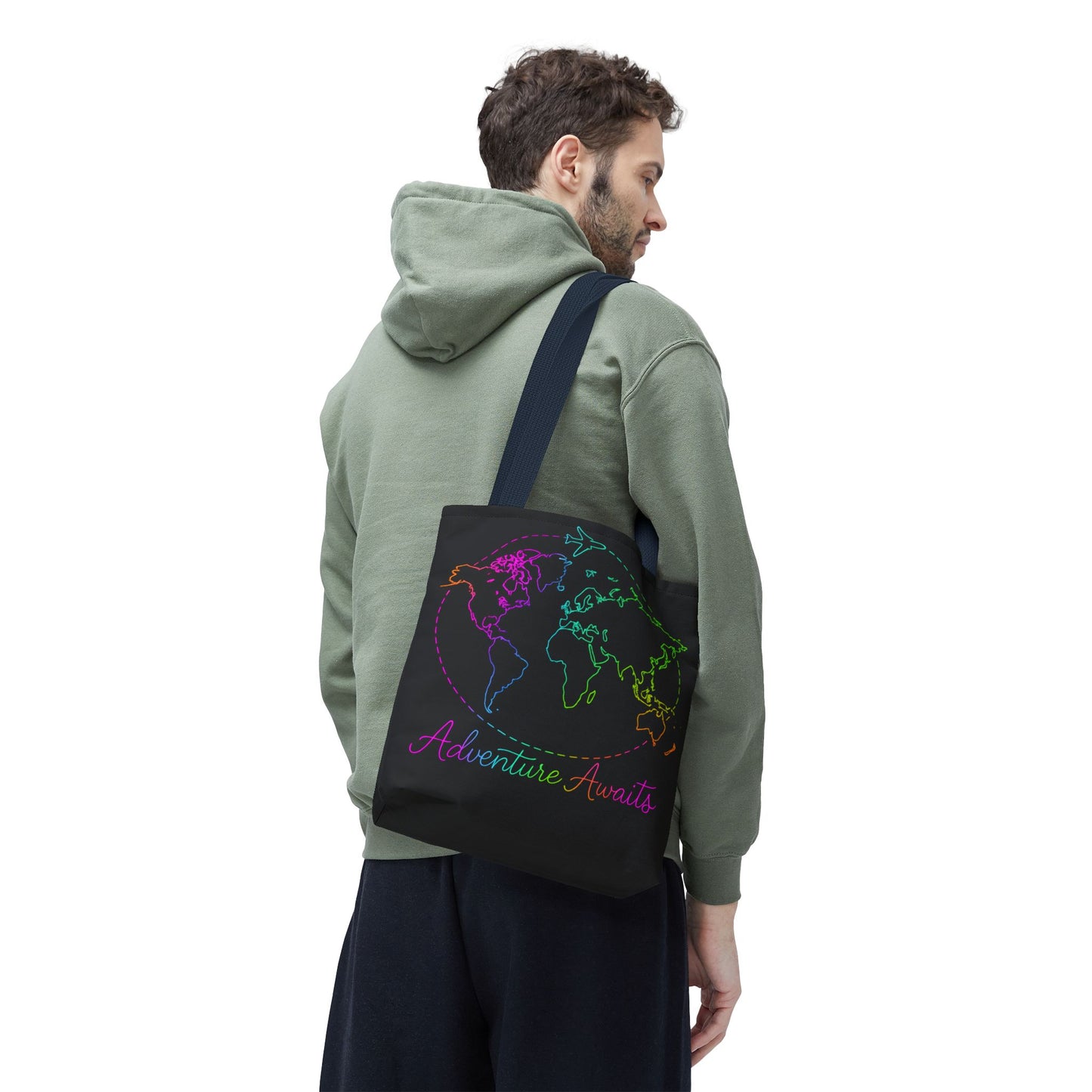 Adventure Awaits Neon Tote Bag - Y2K Rainbow World Map and Plane Travel Tote, Reusable Canvas Tote for Airport, Beach, Market + Gift