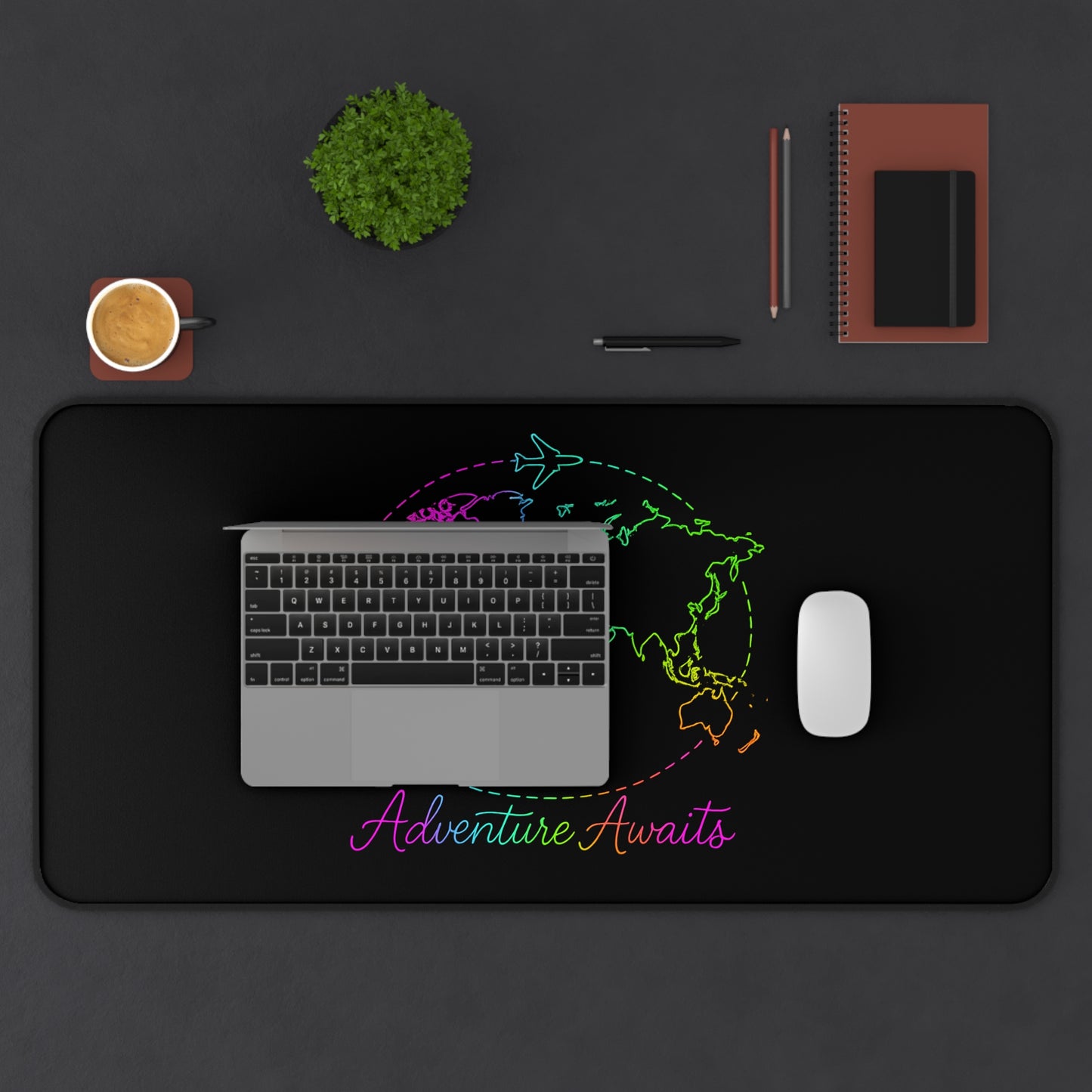 Adventure Awaits Neon Desk Mat - Y2K Rainbow World Map and Airplane XL Mouse Pad for Travel Aesthetic Office, Gaming & Study Desk