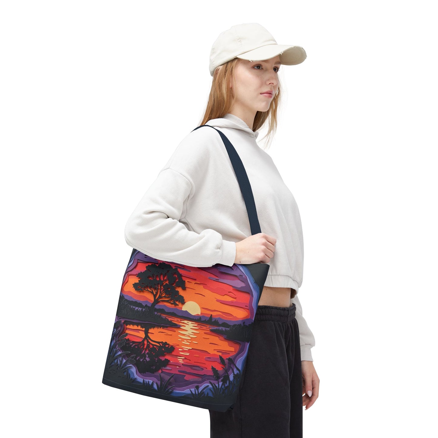 Sunset Landscape Canvas Tote Bag – Paper‑Art Inspired Nature Scene Tote – Colorful Sunset Market Tote, Eco Reusable Beach Bag, Vibrant Gift for Her