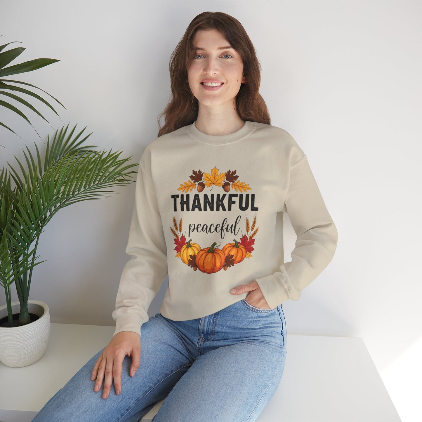 Thankful Peaceful Fall Sweatshirt, Autumn Pumpkin Crewneck, Thanksgiving Sweater, Cozy Seasonal Pullover, Gratitude Gift For Women Men
