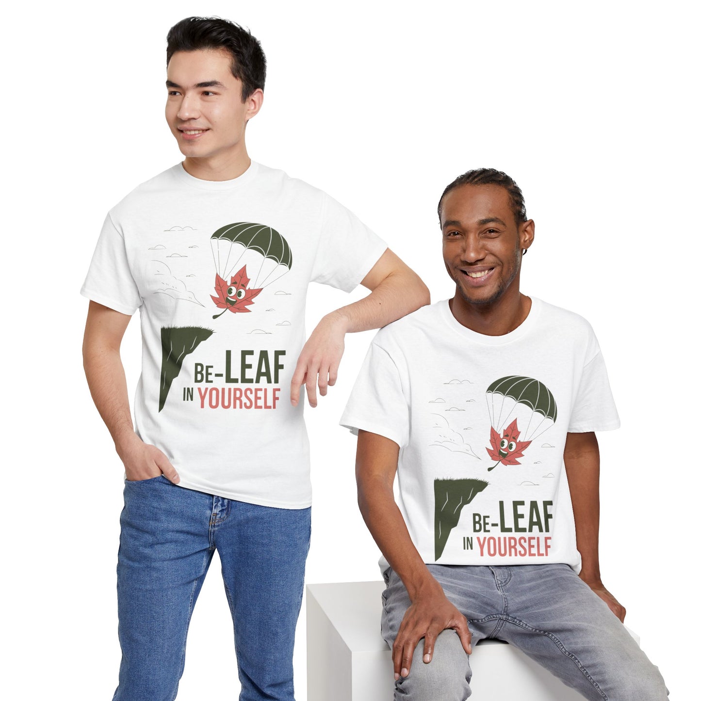 Be-Leaf In Yourself Maple Leaf Parachute T-Shirt | Funny Motivational Nature Graphic Tee | Self-Love Fall Autumn Shirt | Outdoorsy Gift