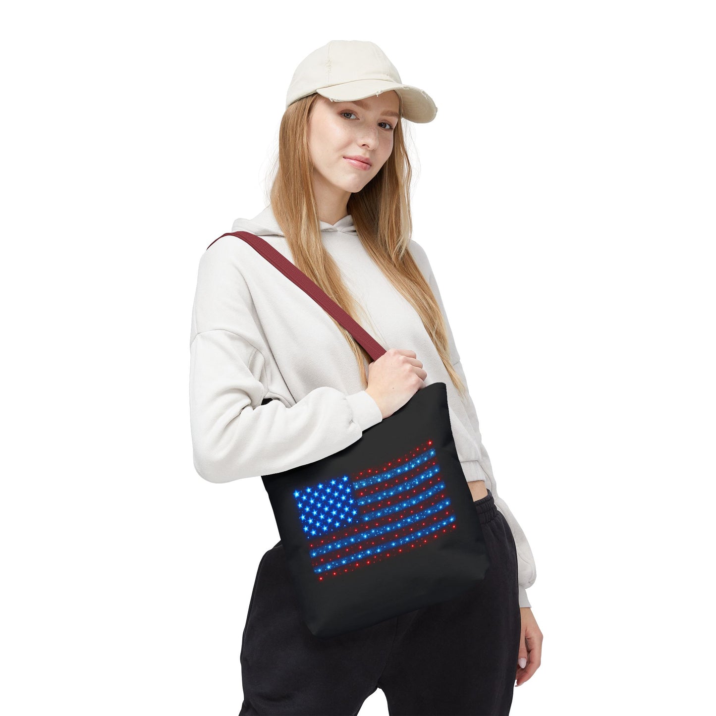 Galaxy Bioluminescent USA Flag Tote Bag - Patriotic Cosmic Canvas Shopper - Starry Red White Blue Tote Non-Glow - 4th July Gift