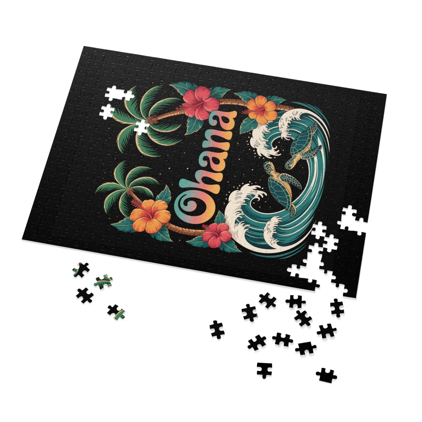 Ohana Jigsaw Puzzle - Retro Hawaiian Sea Turtle & Palm Tree Puzzle for Family Fun, Gift, or Decor - Tropical Beach Aesthetic Puzzle
