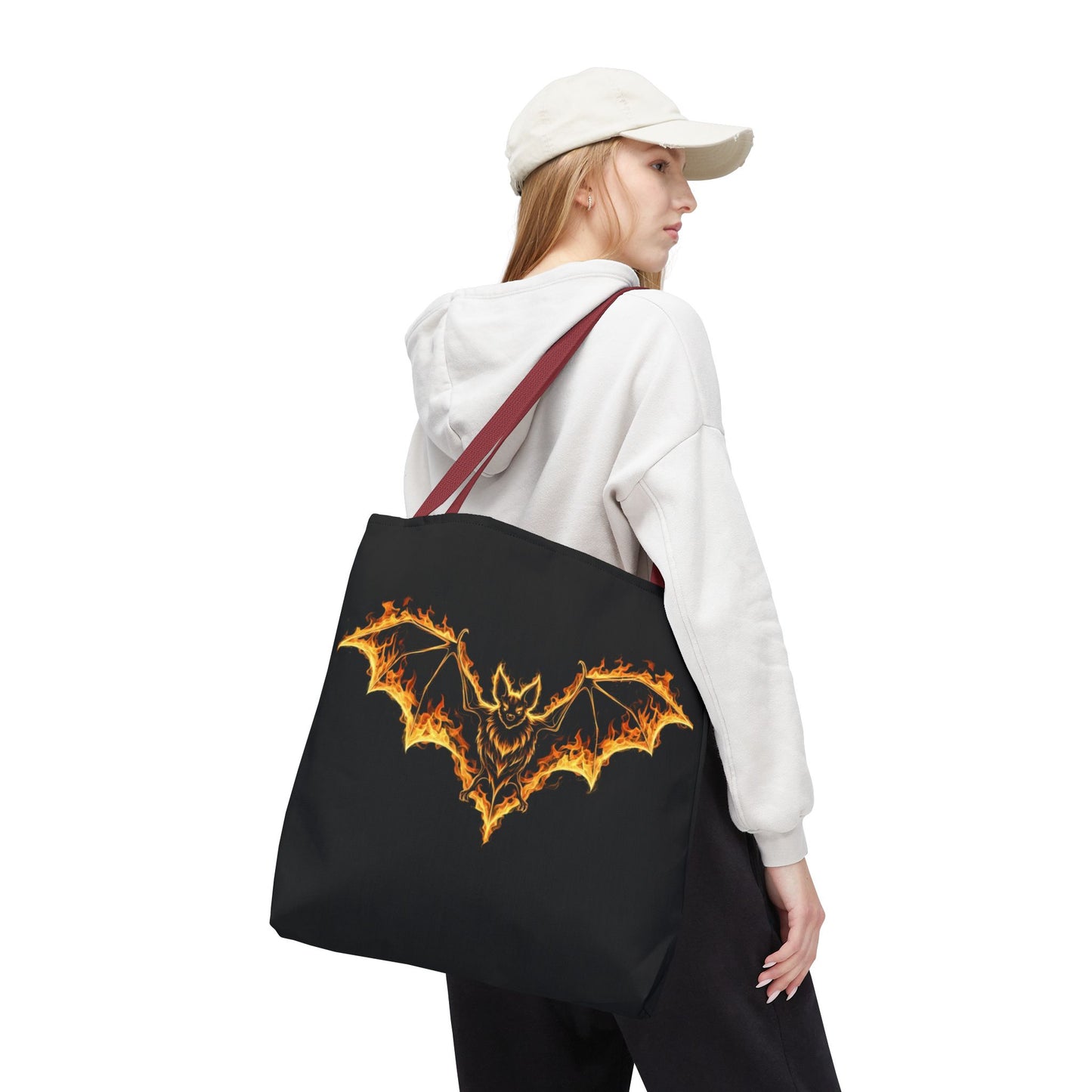 Flaming Bat Tote Bag, Gothic Halloween Canvas Tote, Fiery Wing Bat Design Tote, Spooky Season Accessory, Gothic Gift Tote