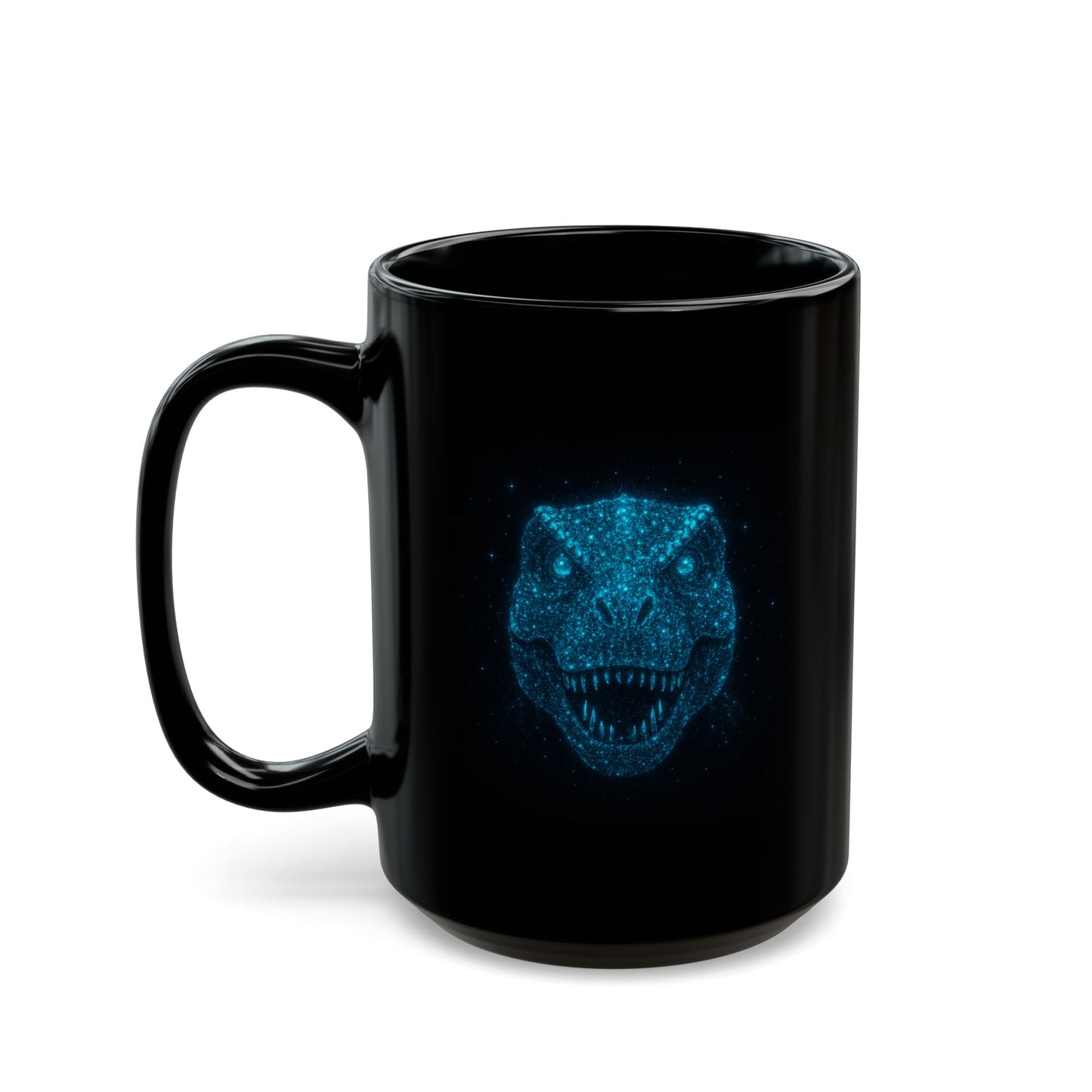 Galaxy Dinosaur Coffee Mug • Neon Blue T-Rex Cup • Cosmic Dinosaur Art Mug • Sci-Fi Dino Gift • Black Ceramic Coffee Mug 11oz 15oz