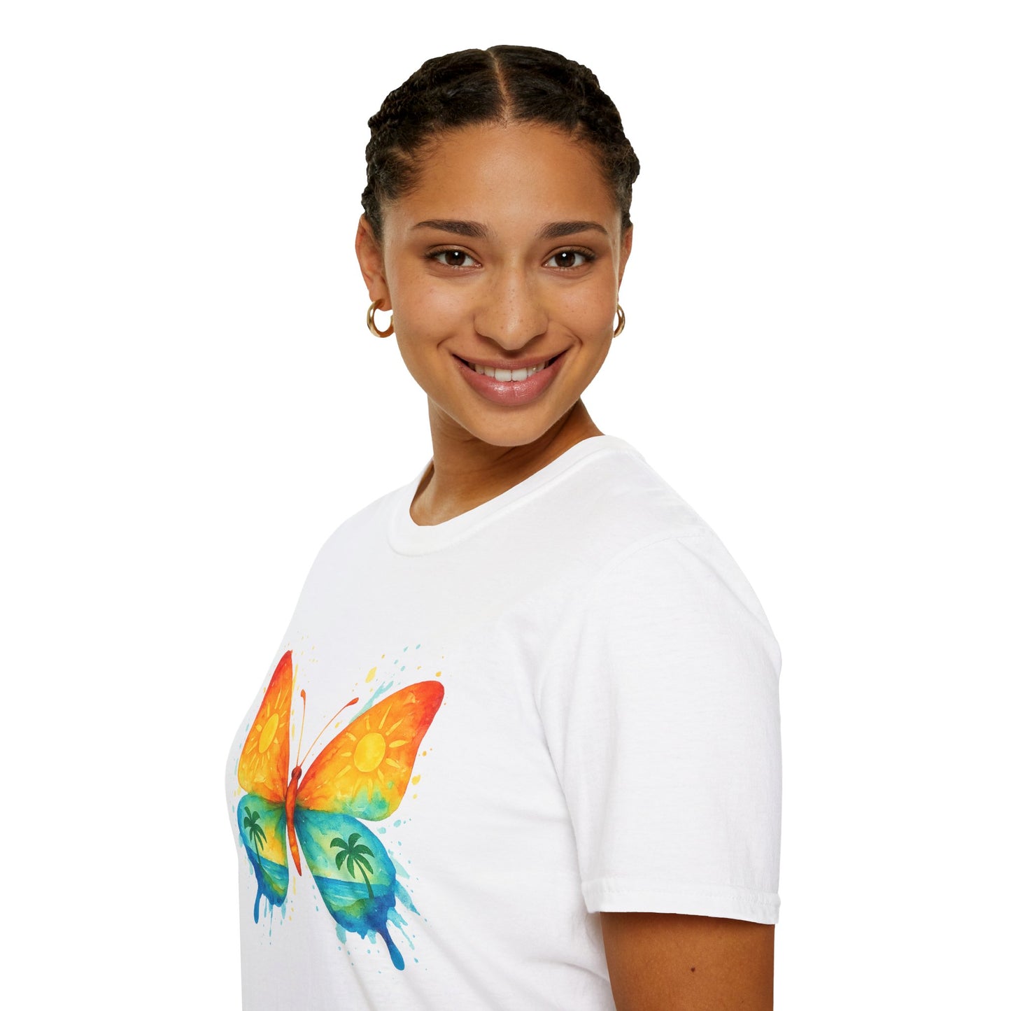 Butterfly Sunset Beach Tee - Ocean & Palm Watercolor Butterfly T-Shirt, Coastal Boho Graphic, Nature Lover Gift, Unisex Casual Tee