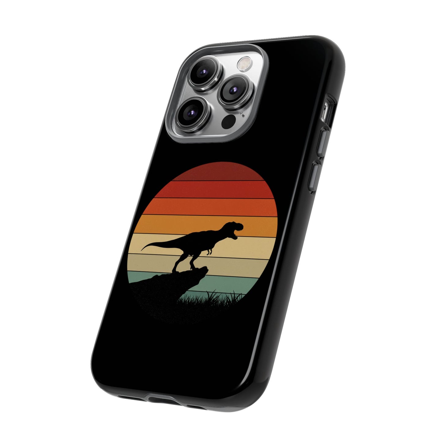 Retro Sunset Dinosaur iPhone Case | T‑Rex Silhouette Vintage Phone Cover for iPhone 14/15/16 Pro | Aesthetic Dinosaur Gift