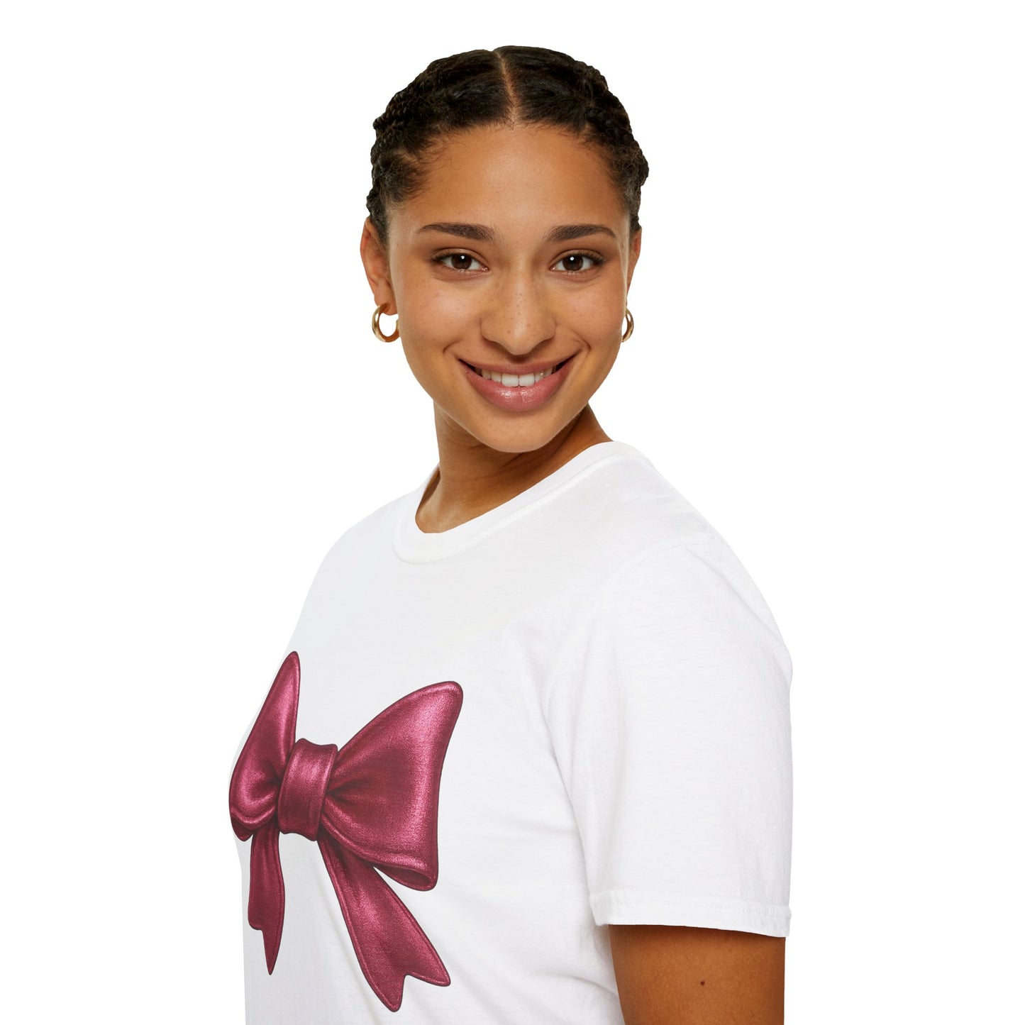 Metallic Burgundy Bow T-Shirt π | Elegant Cute Graphic Tee | Unisex Softstyle Shirt | Gift for Her, Aesthetic Outfit, Celebration Wear