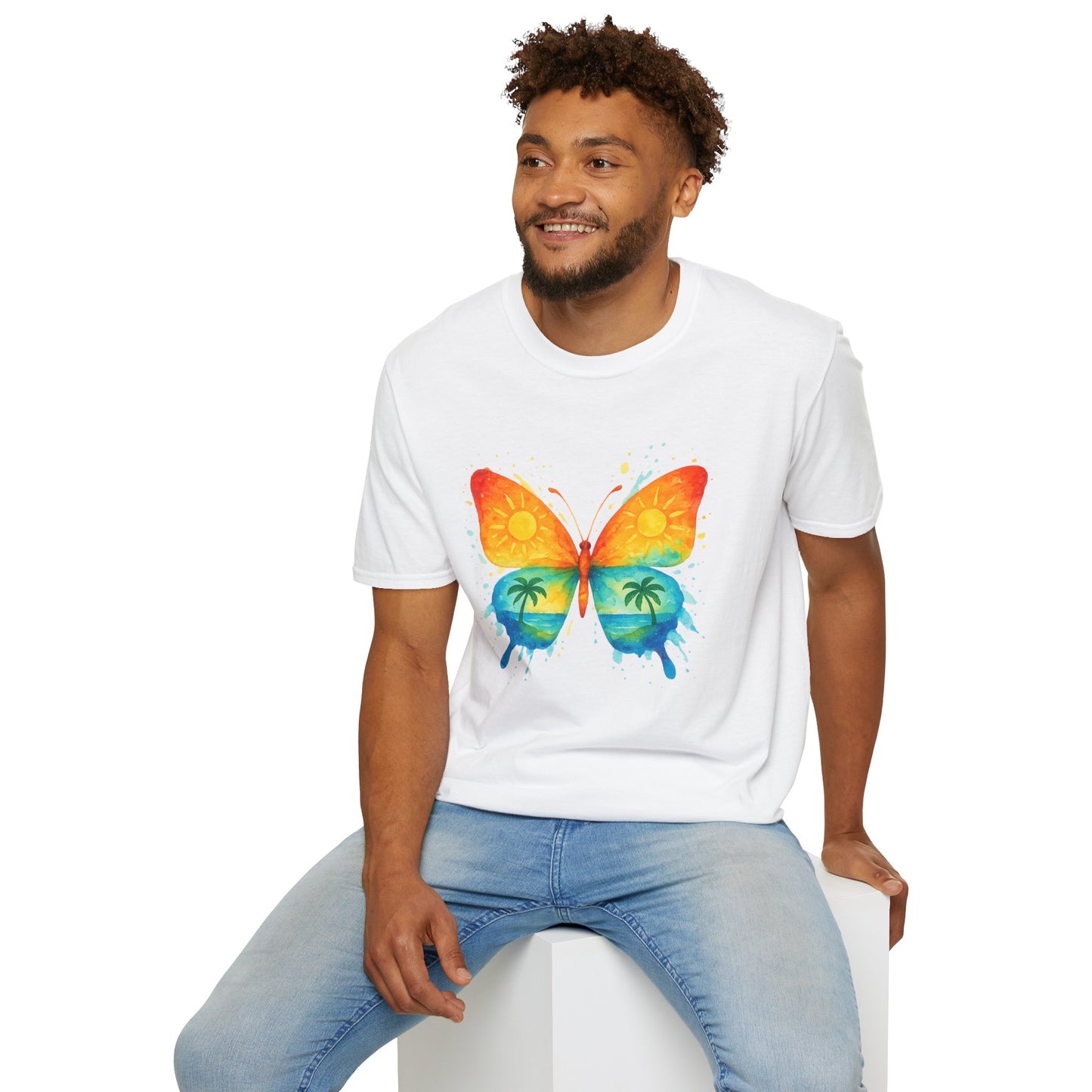 Butterfly Sunset Beach Tee - Ocean & Palm Watercolor Butterfly T-Shirt, Coastal Boho Graphic, Nature Lover Gift, Unisex Casual Tee