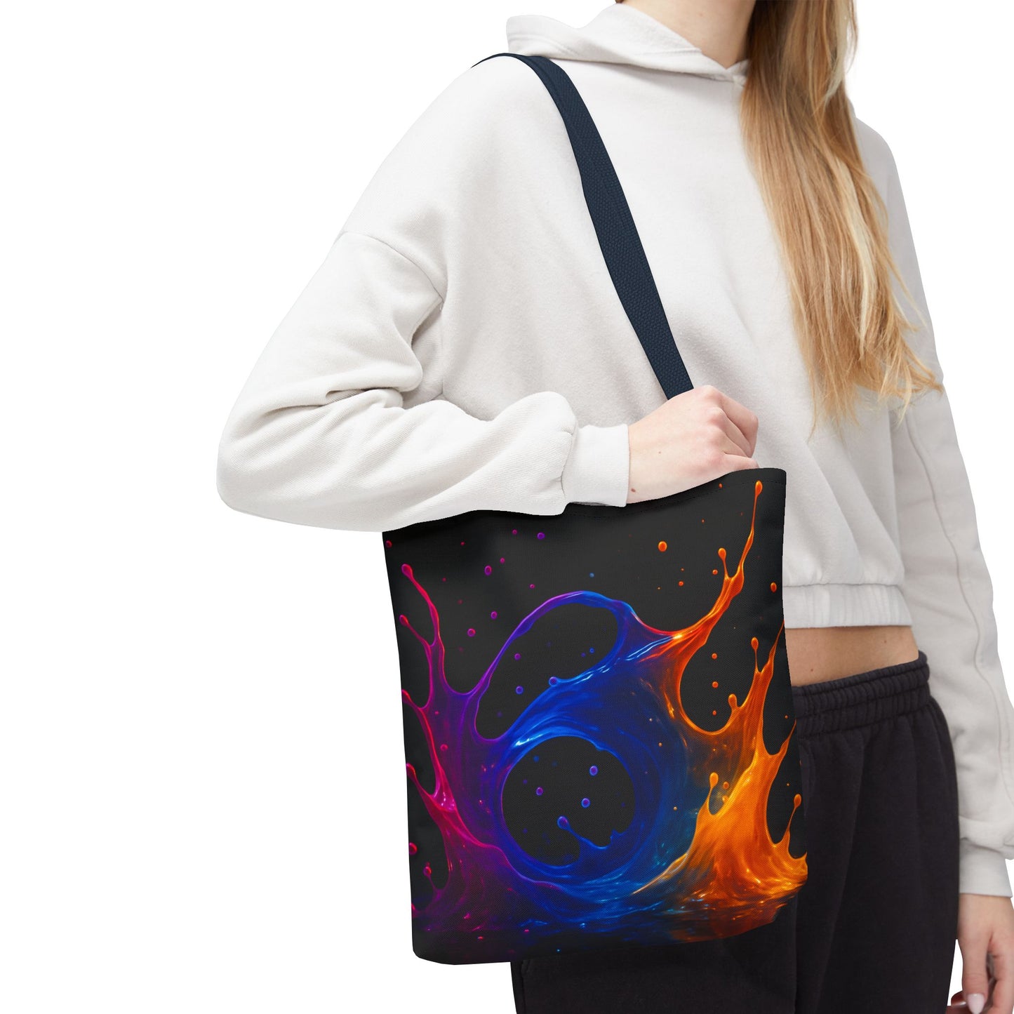 Elemental Fusion Tote Bag, Fire And Water Abstract Art Design, Vibrant Blue And Orange Splash Reusable Tote For Artists, Travel, And Everyday Use
