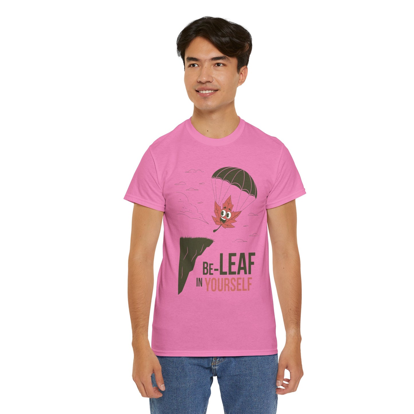 Be-Leaf In Yourself Maple Leaf Parachute T-Shirt | Funny Motivational Nature Graphic Tee | Self-Love Fall Autumn Shirt | Outdoorsy Gift