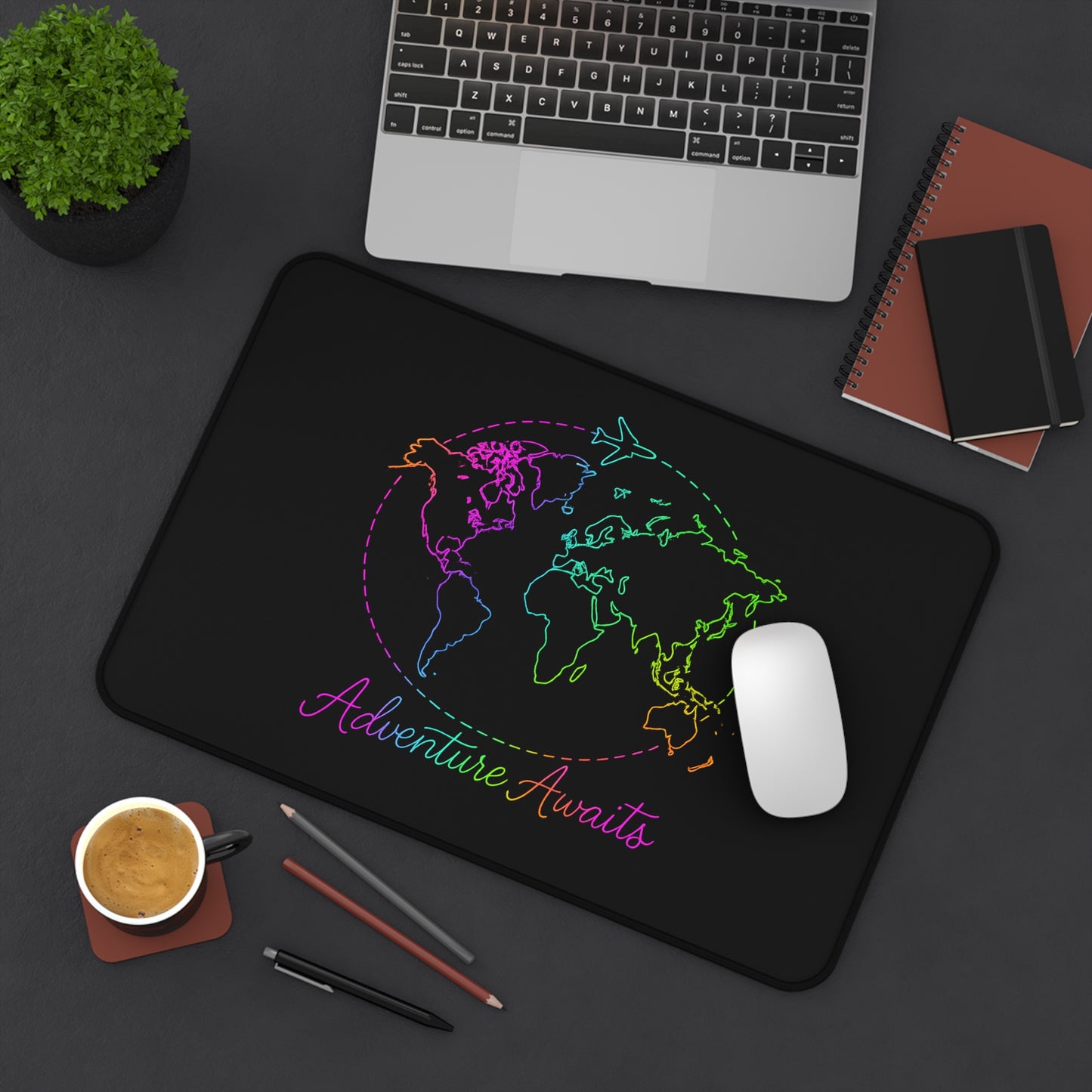 Adventure Awaits Neon Desk Mat - Y2K Rainbow World Map and Airplane XL Mouse Pad for Travel Aesthetic Office, Gaming & Study Desk