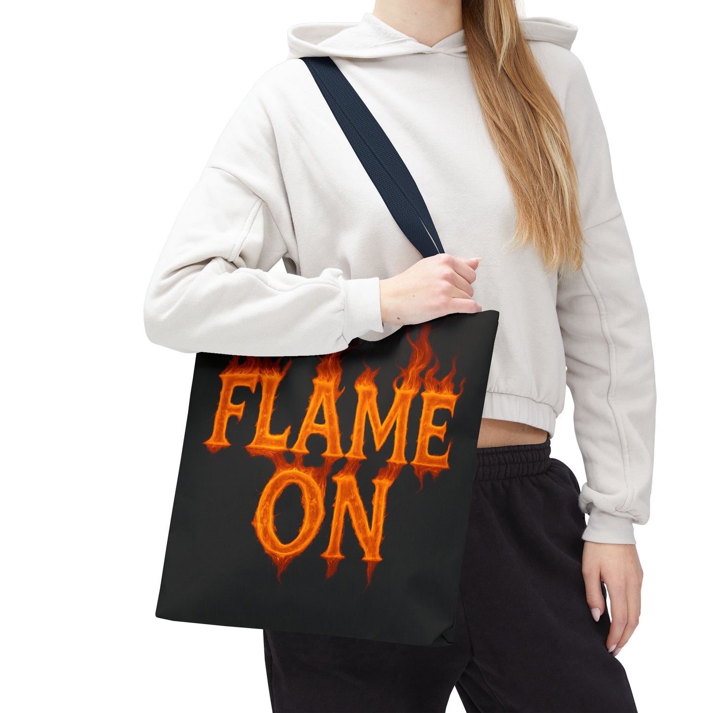 Flame On Tote Bag - Fire Typography Black Bag for Book Lovers, Gym, or Groceries | Bold Comic-Inspired Catchphrase Tote