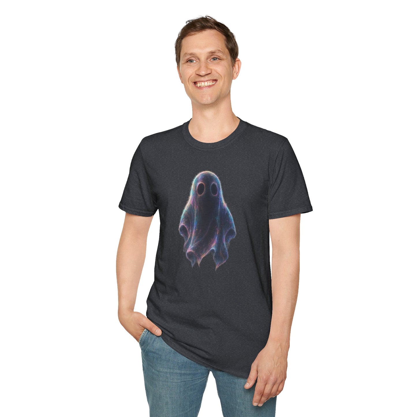 Ethereal Neon Ghost Tee - Iridescent Ghost Graphic T-Shirt, Spooky Aesthetic Halloween Shirt, Vibrant Vaporwave Ghost Tee for Fall