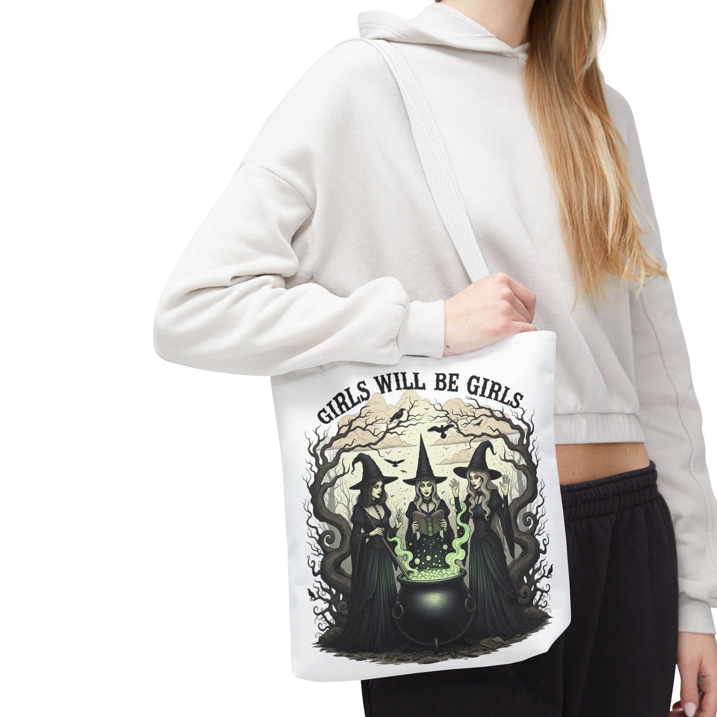Girls Will Be Girls Halloween Tote Bag, Witchy Aesthetic Bag, Gothic Witches Cauldron Art, Spooky Gift, Reusable Eco Tote For Halloween Lovers