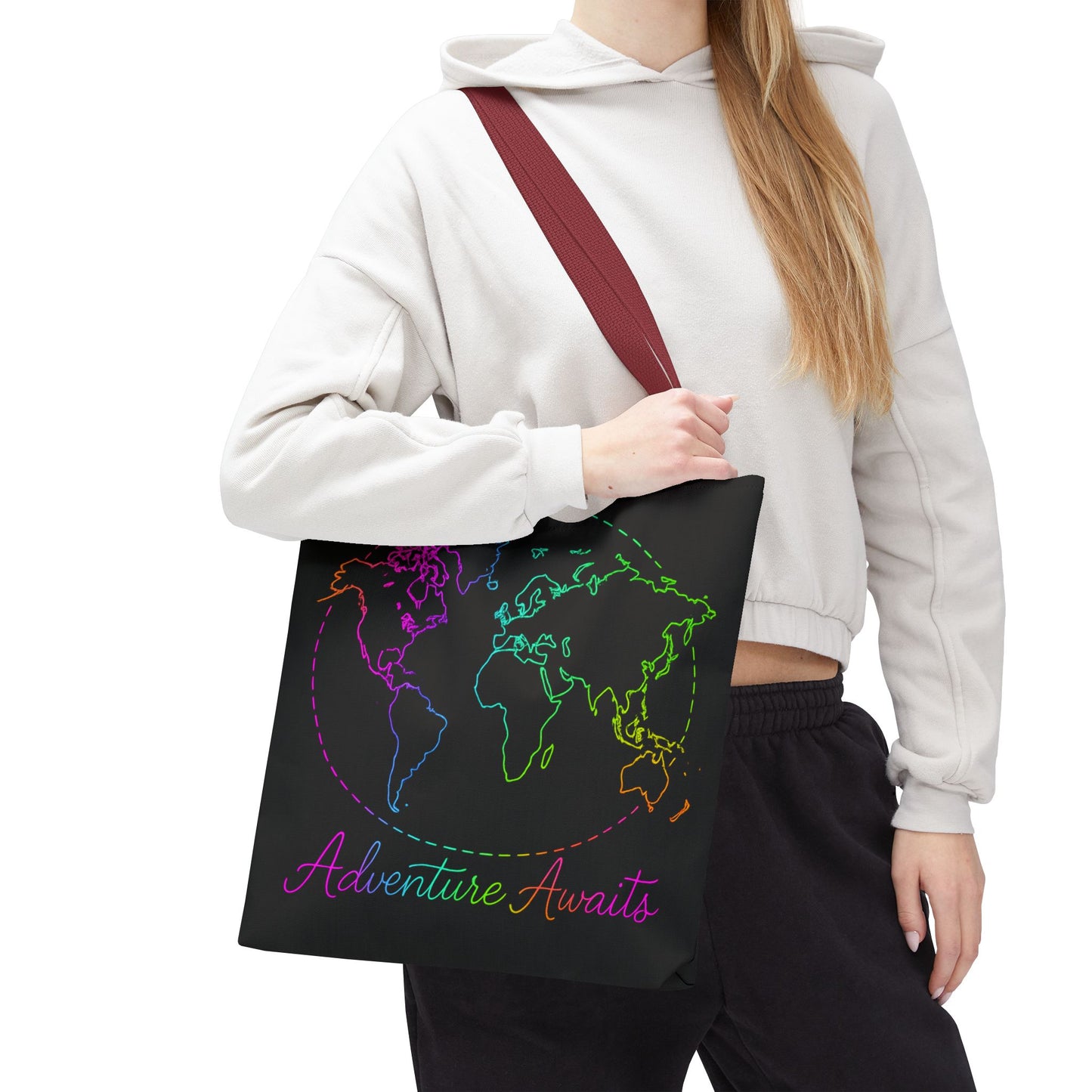Adventure Awaits Neon Tote Bag - Y2K Rainbow World Map and Plane Travel Tote, Reusable Canvas Tote for Airport, Beach, Market + Gift