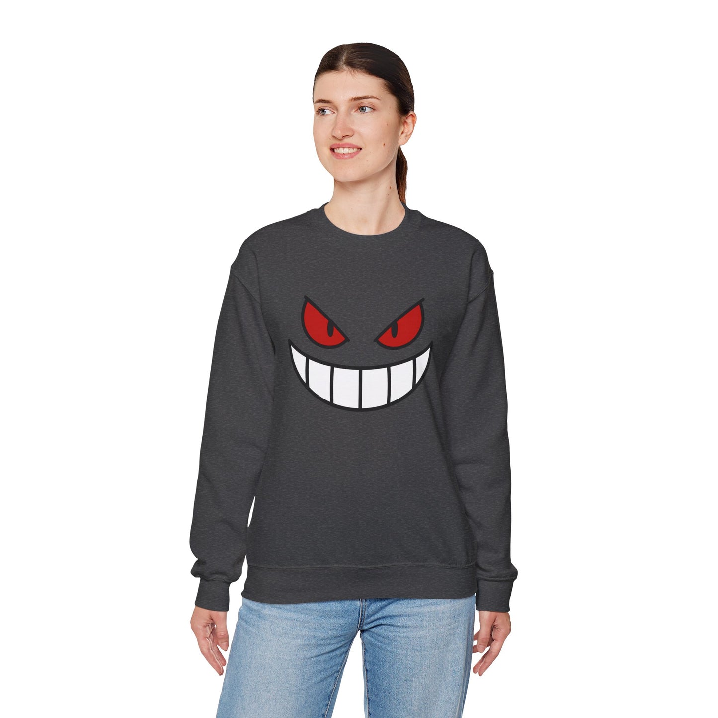 Evil Grin Sweatshirt, Creepy Skull Face Crewneck, Spooky Halloween Pullover, Dark Grinning Ghost Tee, Unisex Scary Smile Sweatshirt