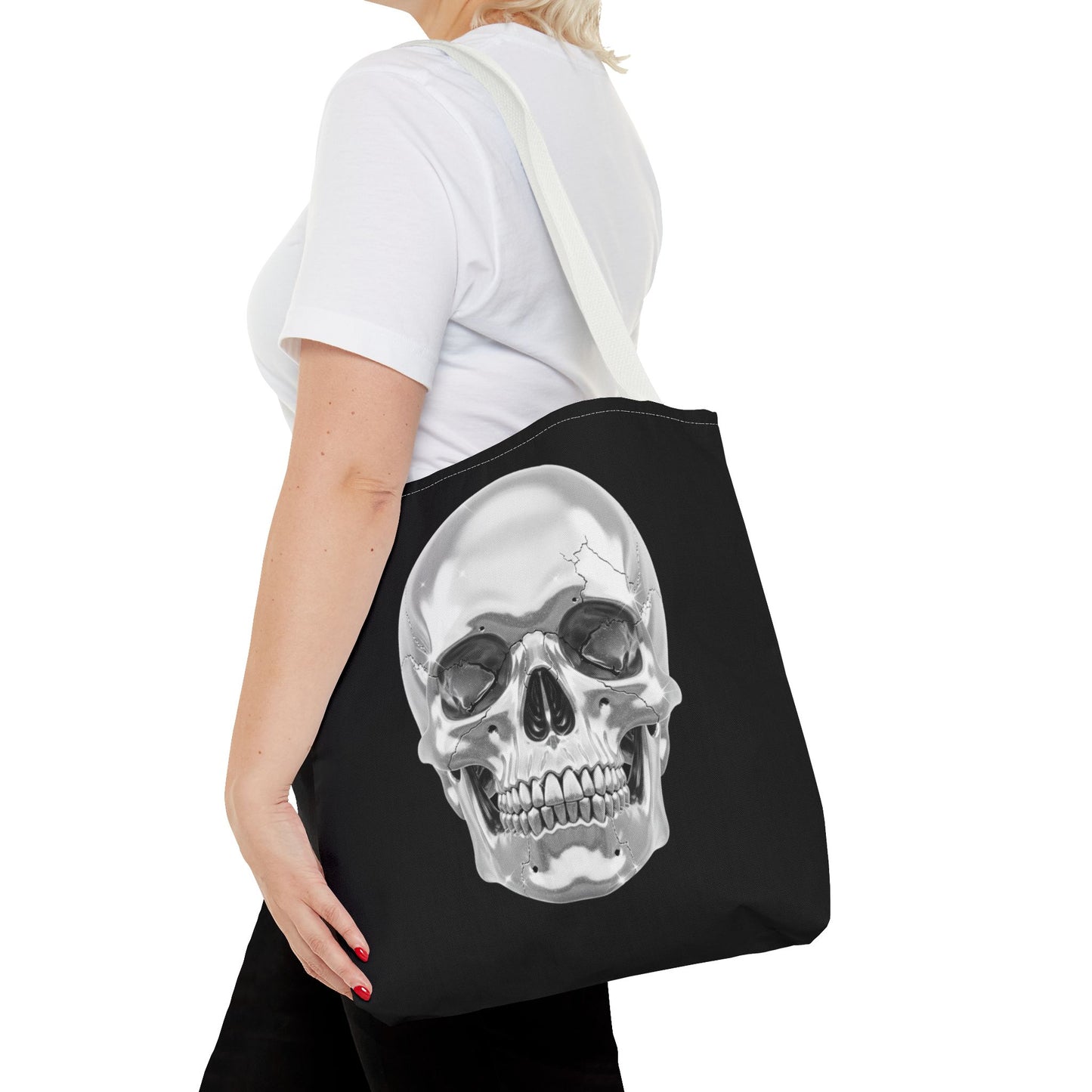 Chrome Skull Tote Bag, Gothic Halloween Canvas Tote, Metallic Skull Design Bag, Spooky Season Accessory, Skull Gift Tote For Horror Fans