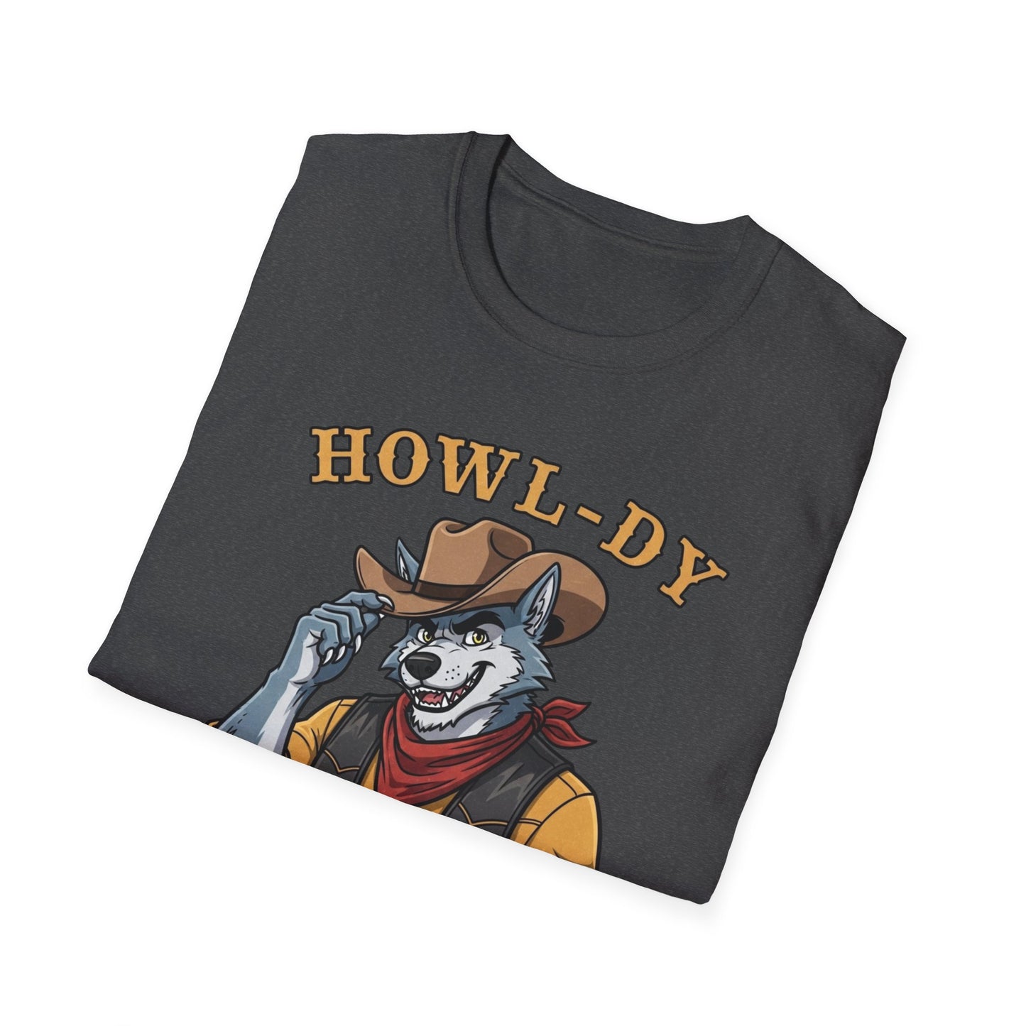 Howl-dy Partner Wolf Cowboy T-Shirt | Western Howling Wolf Graphic Tee, Funny Animal Shirt, Cowboy Gifts, Rustic Country Tee