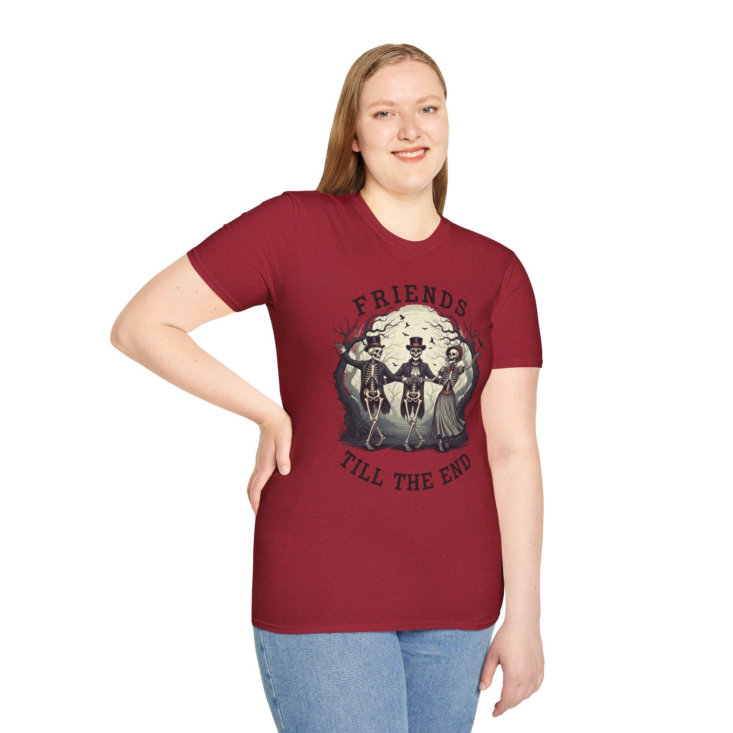 Friends Till The End Skeleton Tee | Dancing Skeleton Friends Shirt | Halloween Gothic BFF Gift | Unisex Heather Grey Graphic T-Shirt