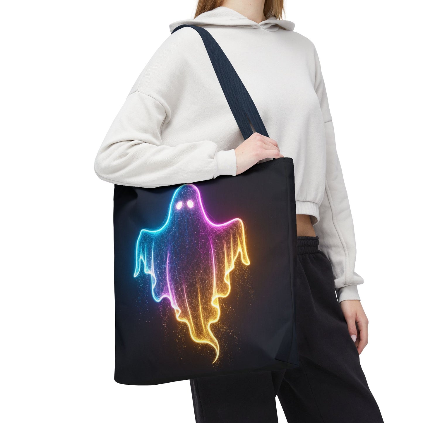 Neon Ghost Tote Bag - Bright Colorful Ghost Print Shoulder Tote, Spooky Cute Reusable Canvas Bag, Halloween Aesthetic Everyday Carry