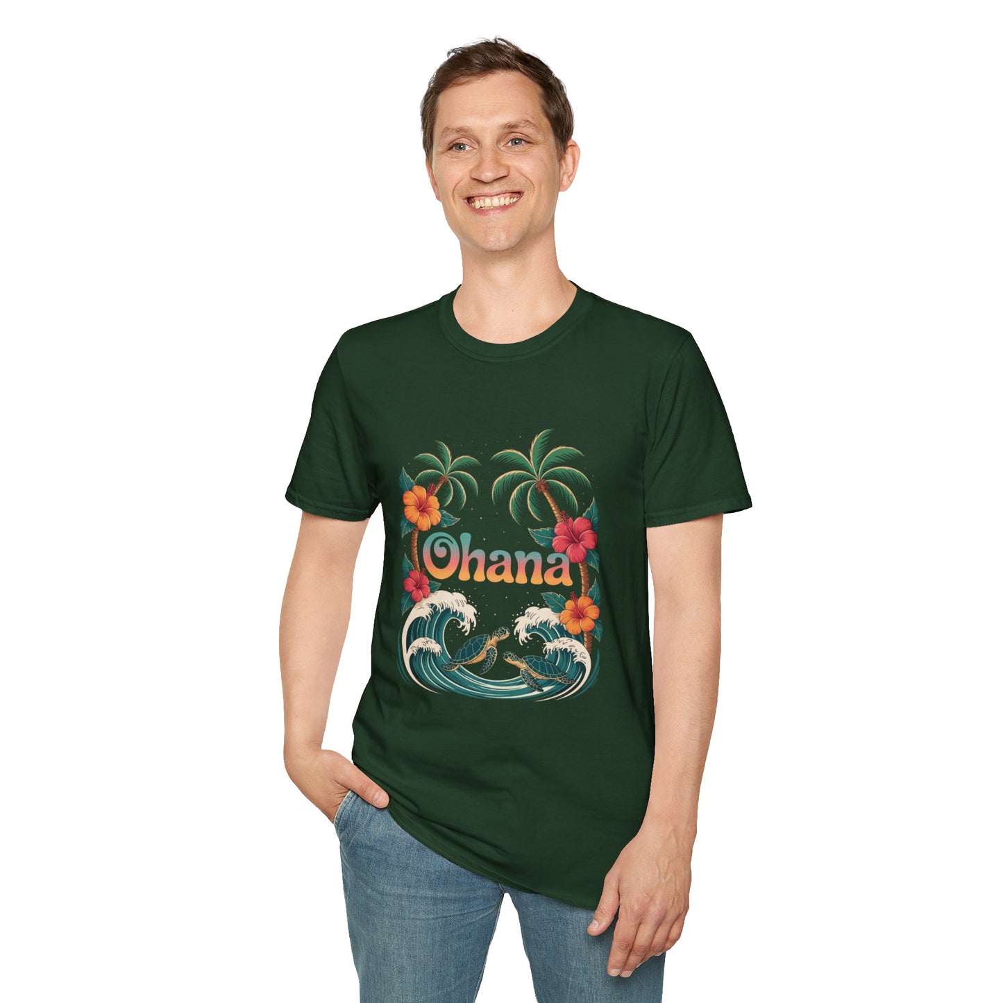 Ohana Shirt - Retro Hawaiian Sea Turtle & Palm Tree Graphic Tee - Tropical Beach Family Gift, Summer Vacation Aesthetic T-Shirt