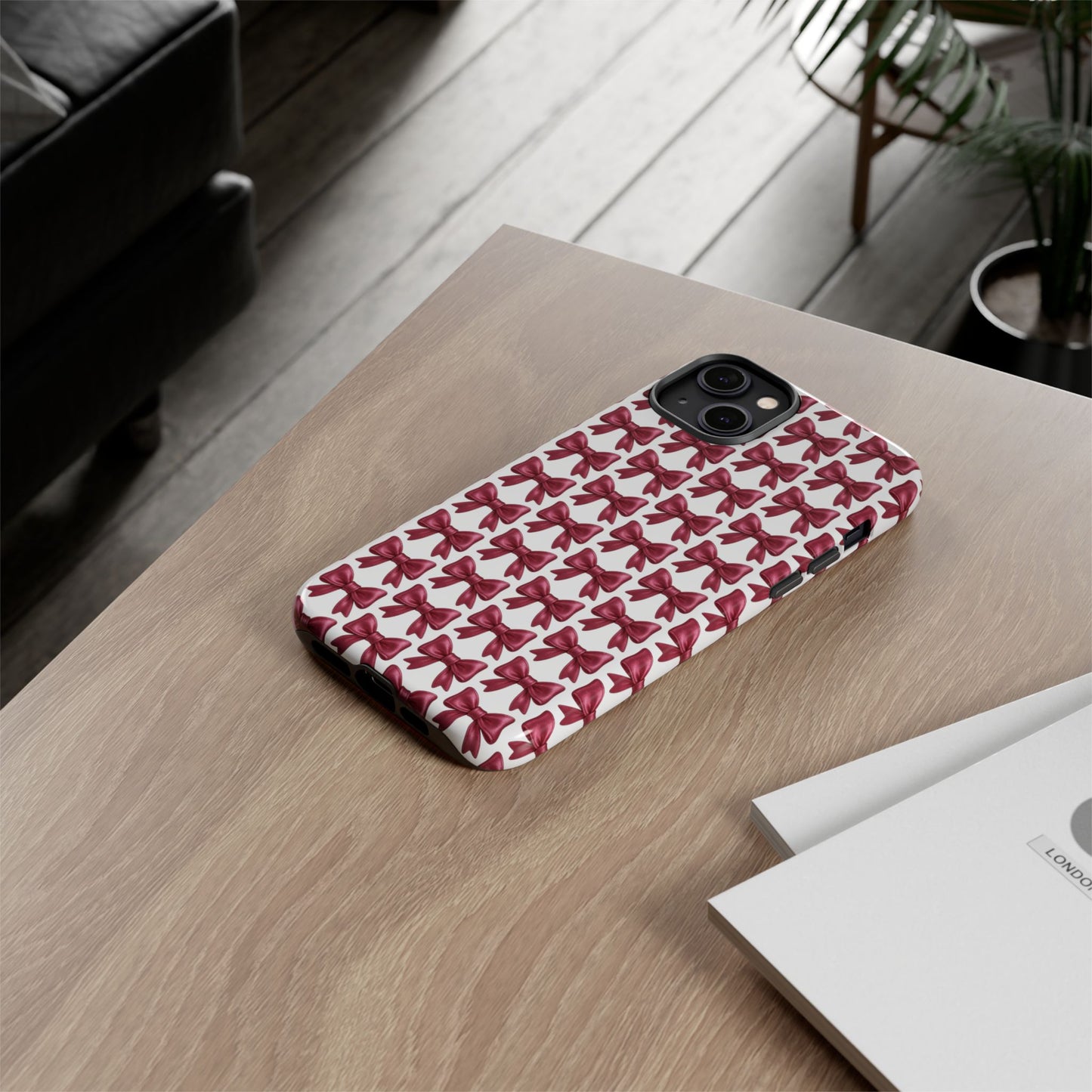 Coquette Bow iPhone Case - Burgundy Ribbon Pattern Phone Cover, Girly Aesthetic Accessory, Cute Gift for Her