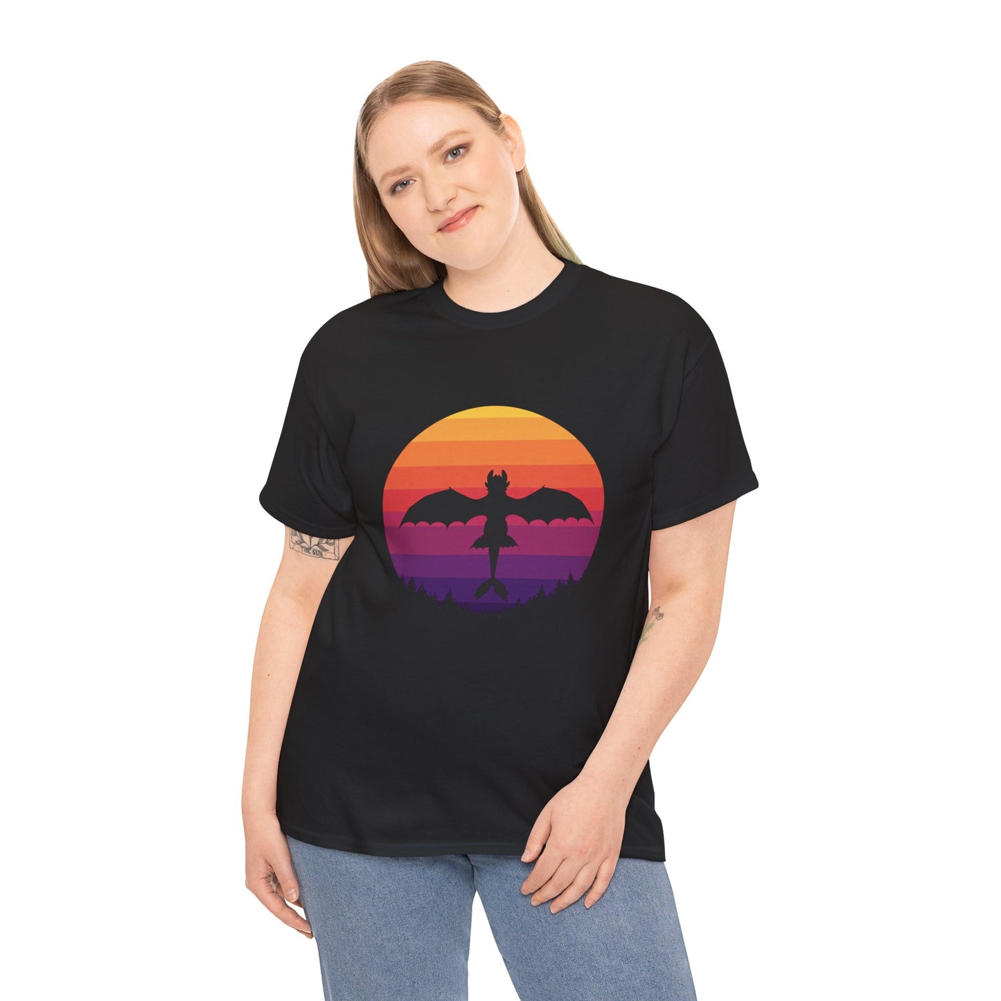 Night Dragon Sunset T-Shirt | Retro Dragon Silhouette Tee | Fantasy Dragon Shirt | Unisex Graphic Tee | Gift for Dragon Lovers