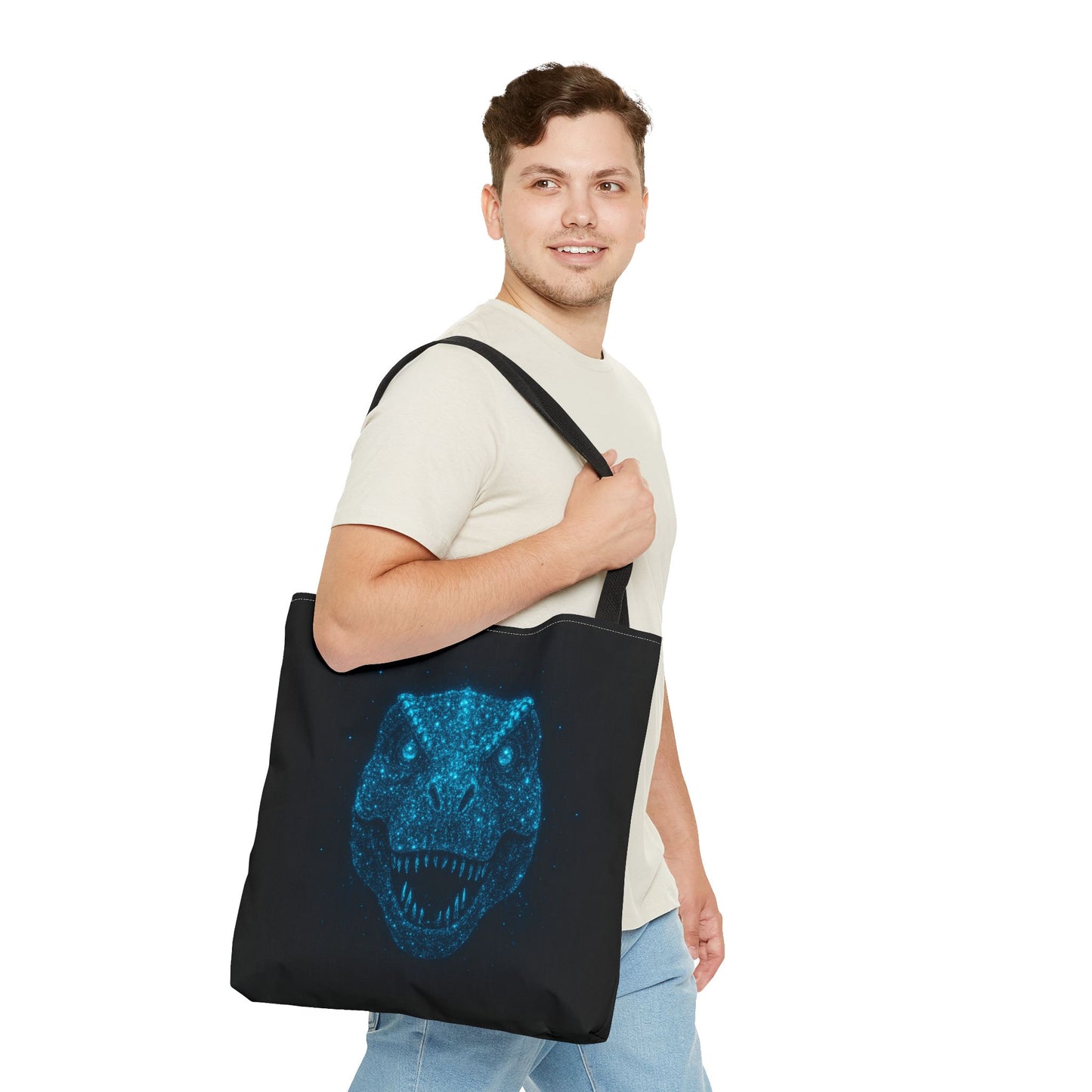 Bioluminescent Dino Tote Bag | Retro T-Rex Galaxy Canvas Shopper - Eco AOP Tote, Ocean Glow Dinosaur Art, Gift for Paleontology Fans