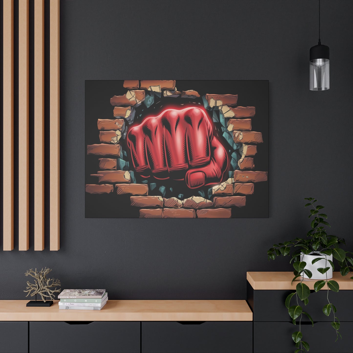Canvas Wall Art - Red Fist Smashing Through Wall