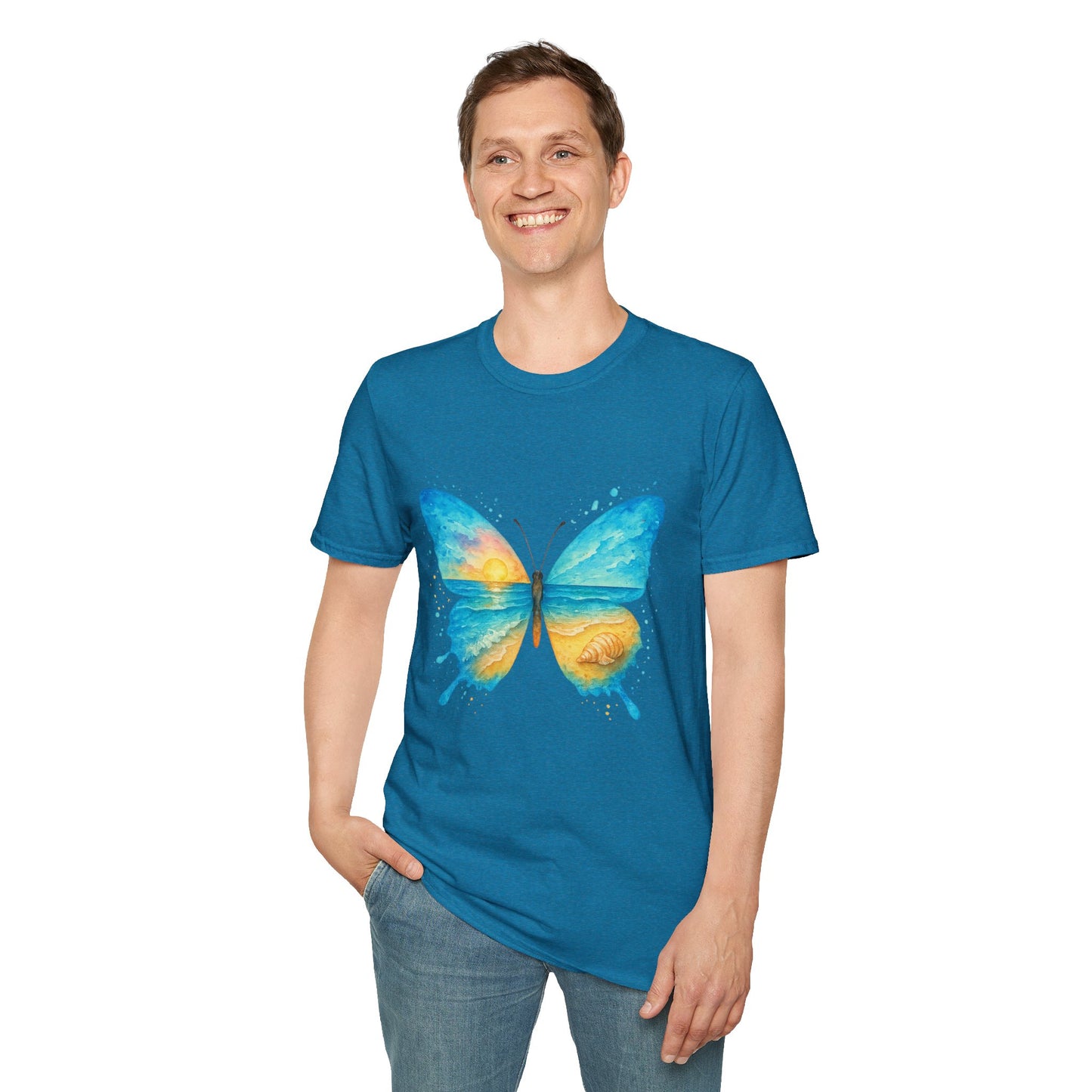 Butterfly Sunset Beach Tee - Scenic Butterfly Graphic Shirt, Nature Lover Gift, Boho Ocean Tee, Unisex Casual T-Shirt