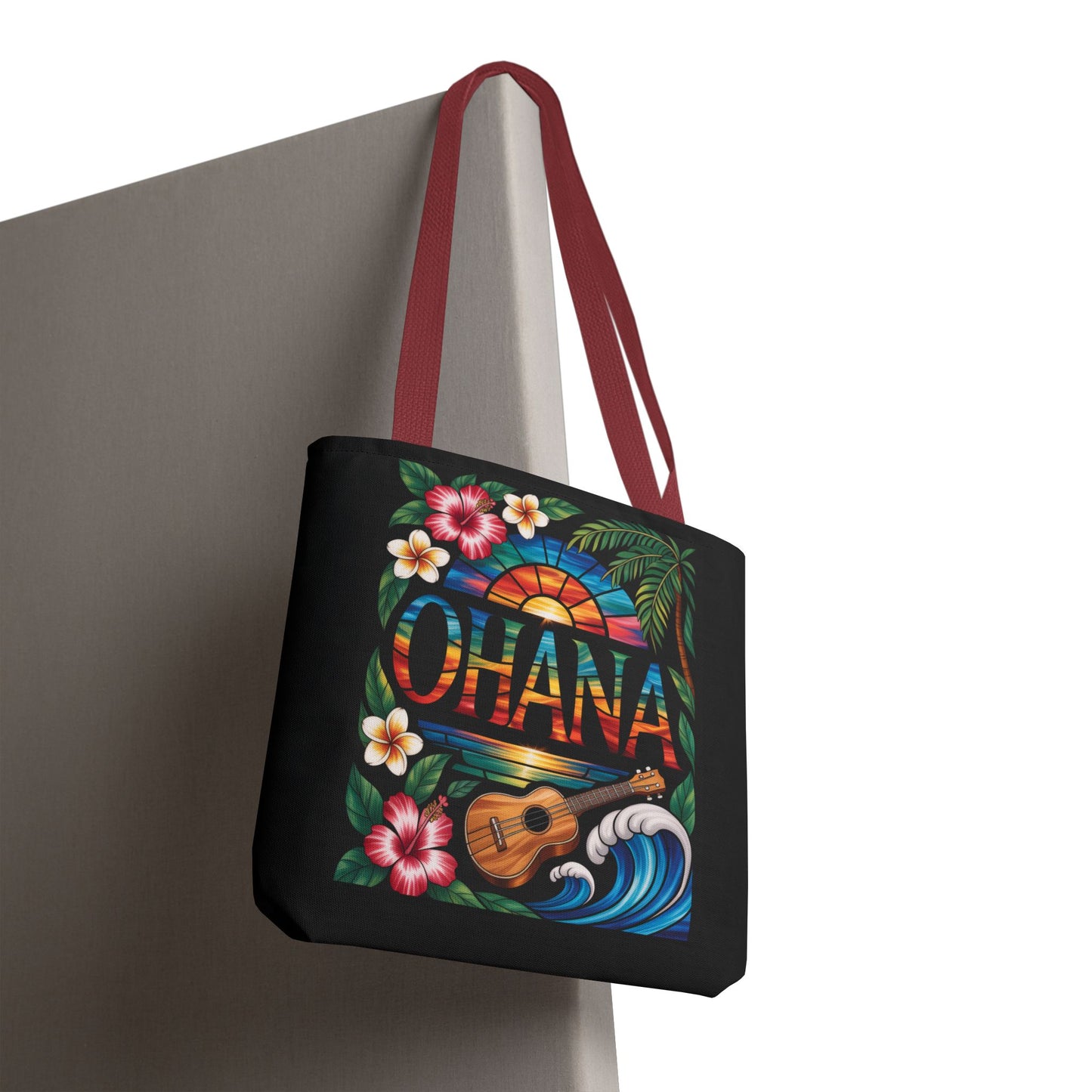 Ohana Tote Bag – Hawaiian Tropical Beach Bag with Ukulele, Sunset & Hibiscus Flowers, Island Gift for Women, Aloha Family Vibes