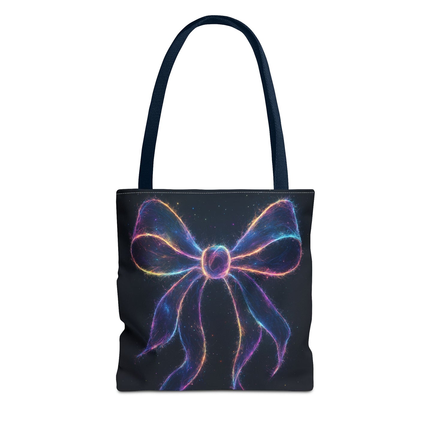 Galaxy Glow Bow Tote Bag, Cosmic Neon Ribbon Design, Black Space Art Bag, Celestial Gift For Her, Stylish Reusable Everyday Tote