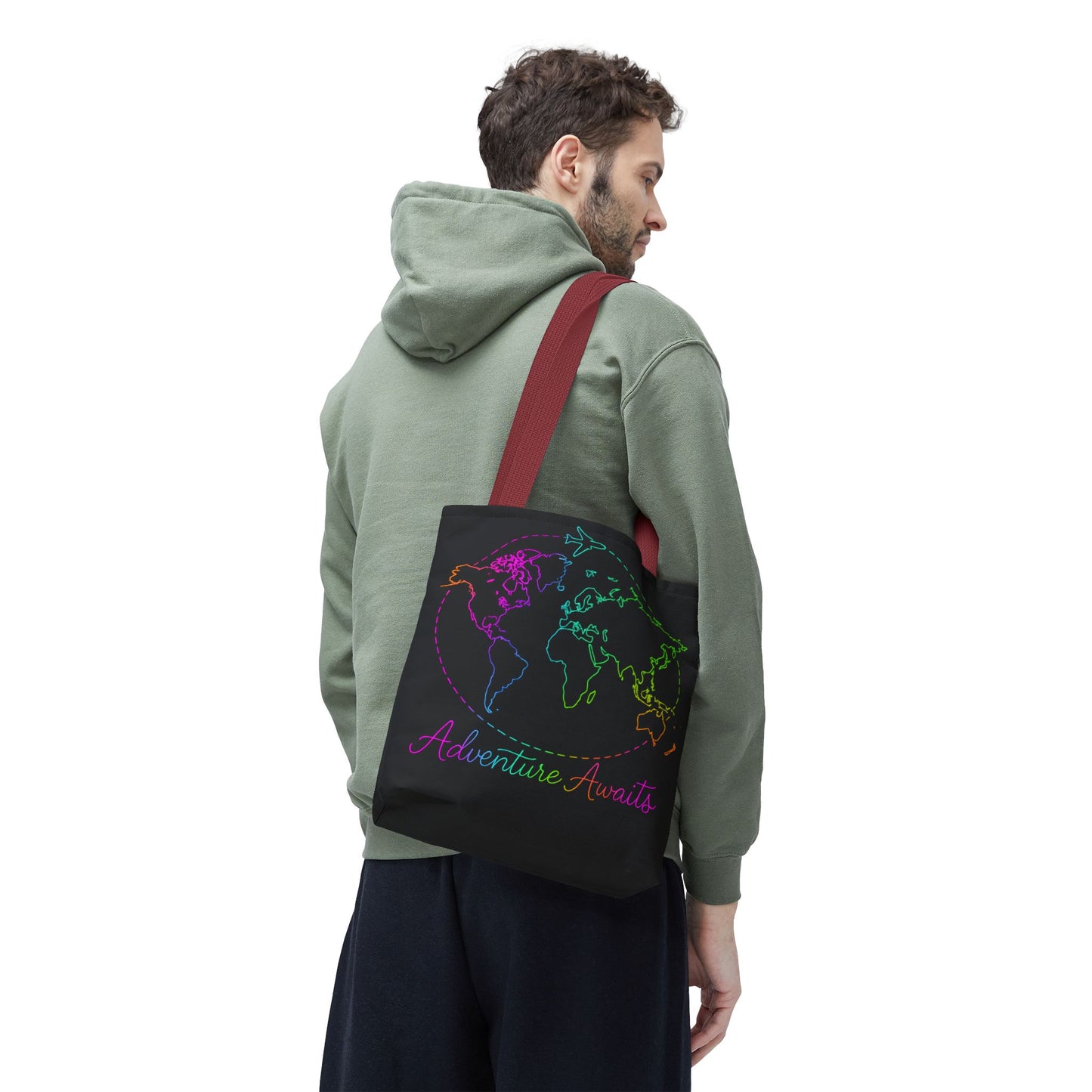 Adventure Awaits Neon Tote Bag - Y2K Rainbow World Map and Plane Travel Tote, Reusable Canvas Tote for Airport, Beach, Market + Gift