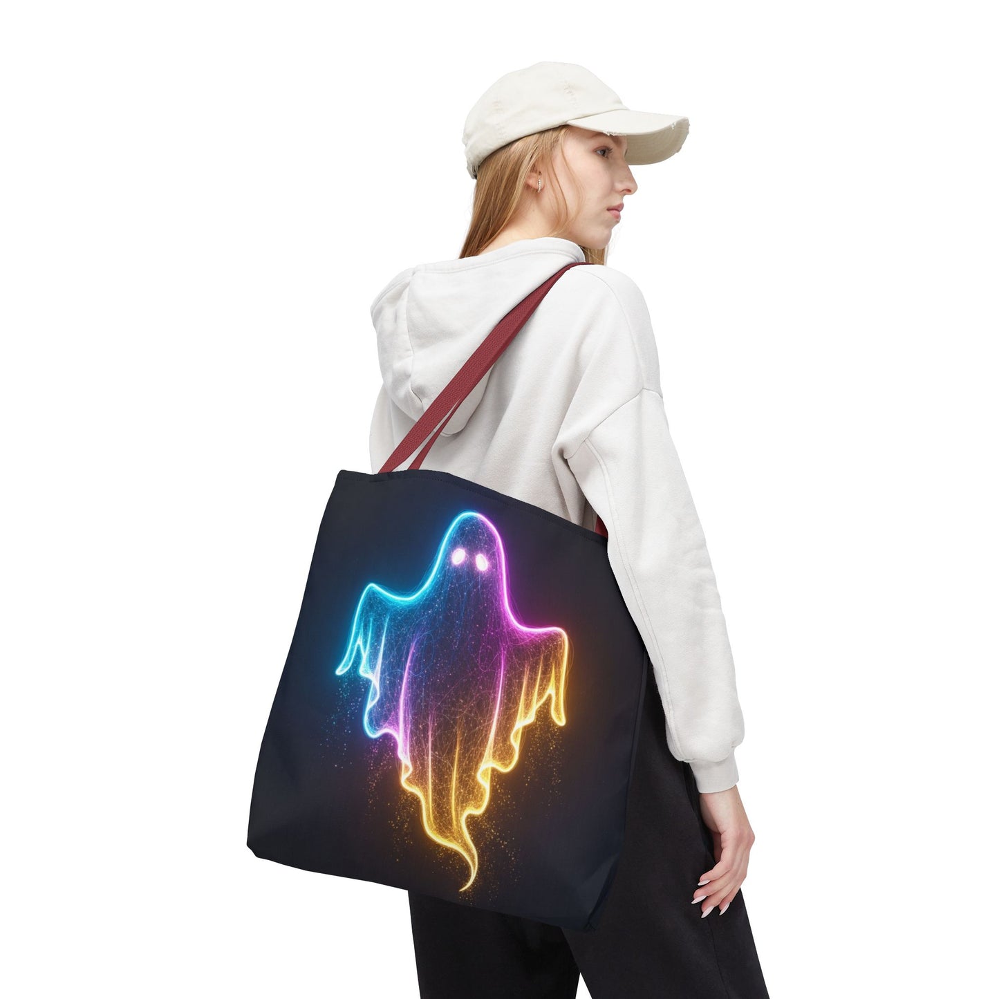 Neon Ghost Tote Bag - Bright Colorful Ghost Print Shoulder Tote, Spooky Cute Reusable Canvas Bag, Halloween Aesthetic Everyday Carry