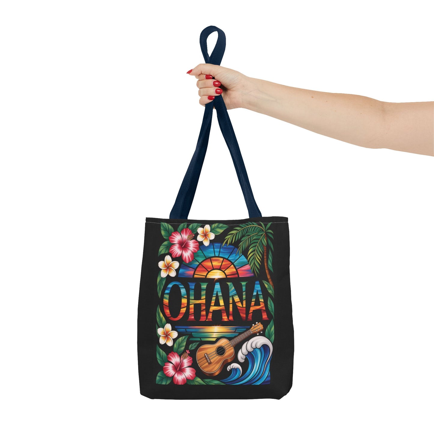 Ohana Tote Bag – Hawaiian Tropical Beach Bag with Ukulele, Sunset & Hibiscus Flowers, Island Gift for Women, Aloha Family Vibes