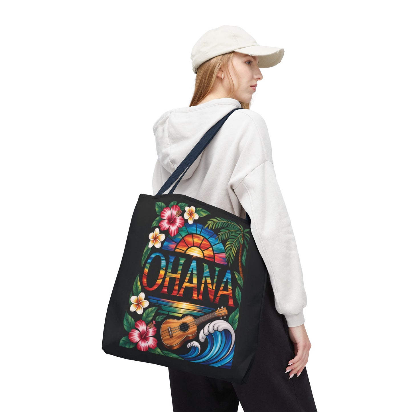 Ohana Tote Bag – Hawaiian Tropical Beach Bag with Ukulele, Sunset & Hibiscus Flowers, Island Gift for Women, Aloha Family Vibes
