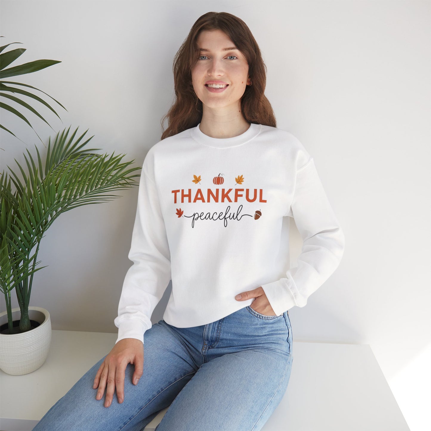 Thankful Peaceful Sweatshirt, Minimalist Fall Crewneck, Autumn Pumpkin Sweater, Thanksgiving Pullover, Cozy Seasonal Gratitude Gift