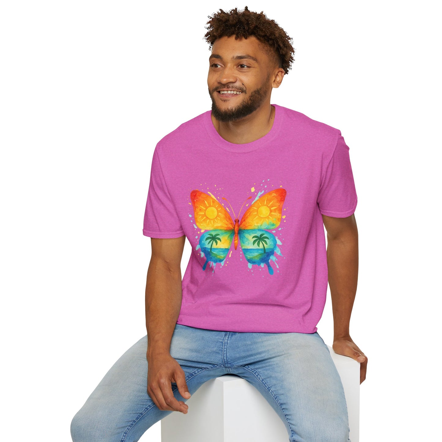 Butterfly Sunset Beach Tee - Ocean & Palm Watercolor Butterfly T-Shirt, Coastal Boho Graphic, Nature Lover Gift, Unisex Casual Tee